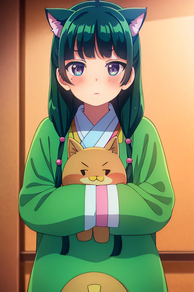 masterpiece, high quality, Round image, Cat ear, 1 girl, heart, alone, hair ornaments, Virtual YouTuber, pupil in the shape of a symbol, stupid hair, green hair, long hair, plaid, blush, stuffed animals, bangs, brown eyes, Chinese service, holding, looking at the viewer