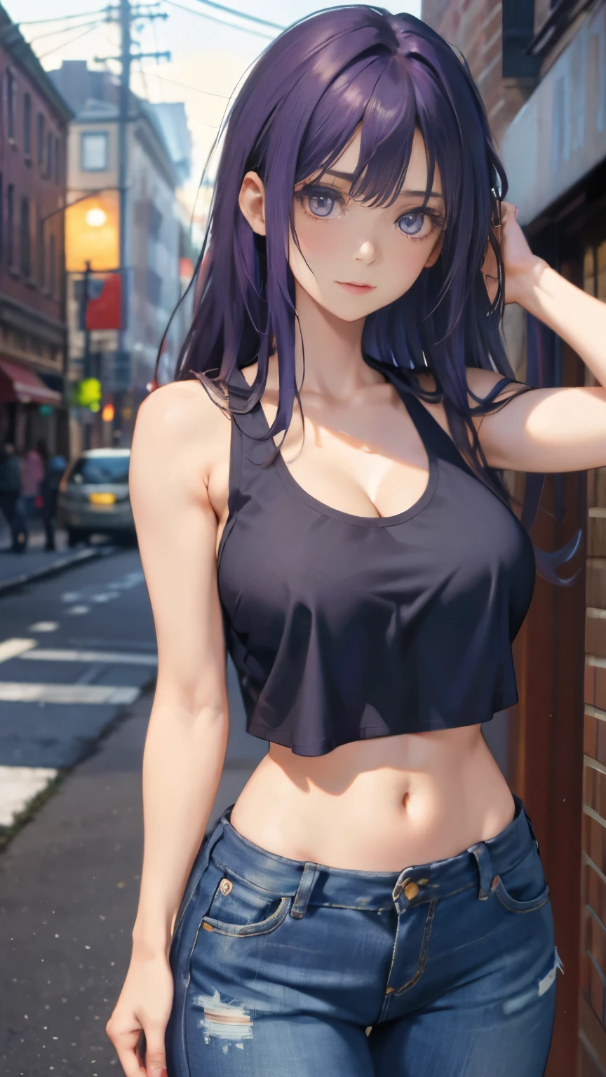 (Lifelike, hight resolution:1.3), 1 girl with a perfect body, super fine face and eyes,length hair,purple color hair, Tank top of random colors:1.2, Short jeans, Big boob,Expose cleavage