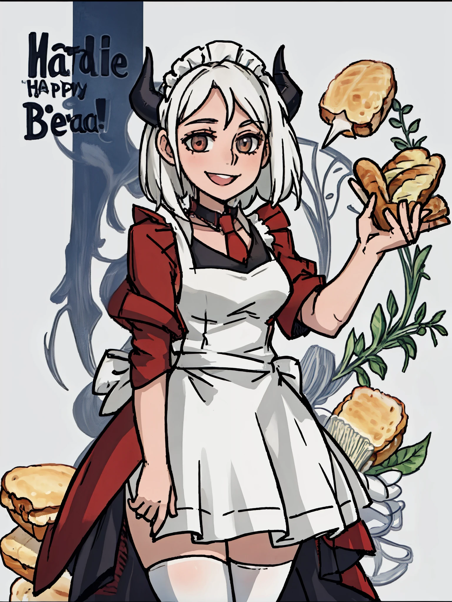 ((a woman,Obesity and,chef,holding bread wheat,(maid outfit),red cloak )),front,Half body,white hair,black devil horns,temperament,grace,Damia,Mature,gentle,kindly,happy,(Smile),Different world,middle Ages,White background