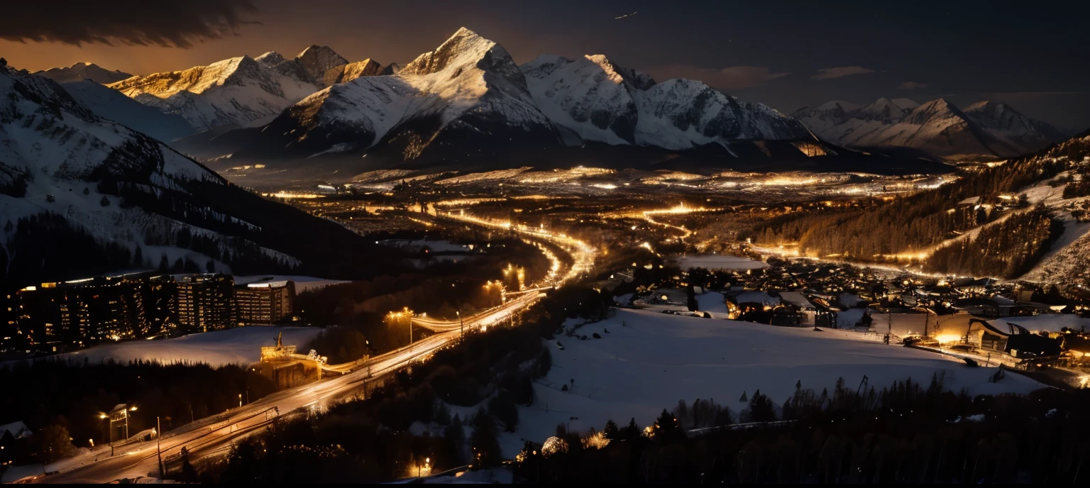 (extremely detailed 8k wallpaper), sky, night, snow, city mixed with nature, mountains, award-winning photography, dramatic lighting, (dark and golden colors), golden lights.