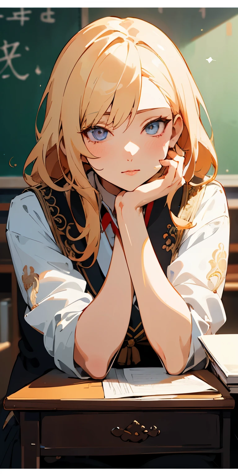 anime artwork (masterpiece, best quality), mature woman, intricate details, Russian language teacher, classroom background, university, looking at viewer, upper body, anime style, key visual, vibrant, studio anime, highly detailed, safe for work