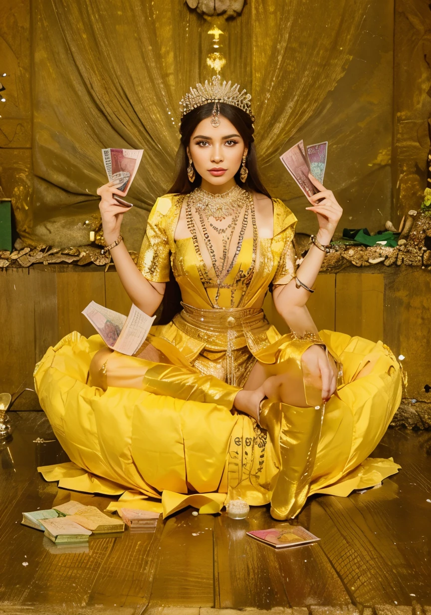 Recreate this very beautiful woman with makeup, a very realistic and clear image and I want her holding 100 reais and 50 reais money notes and sitting on top of the notes