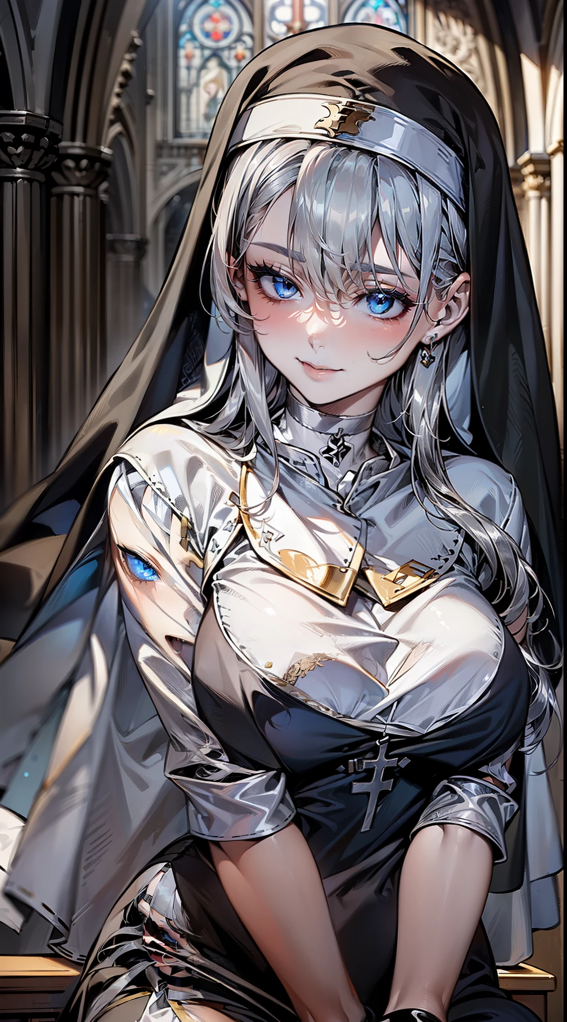 ((long silver hair:1.8)), (shining blue eyes)beautiful, beautiful woman, perfect anatomy, perfect body, perfect breasts, ((nun dress:1.8, choker:1.6)), Cathedral:1.6, sanctuary, captivating gaze, slight smile, realism, masterpiece, rough skin , Super detailed, high detail, high quality, 最high quality, 1080p, 16k best quality people,masterpiece,final solution,fluffy,非常にcolorfulな,colorful,saint,long silver hair,