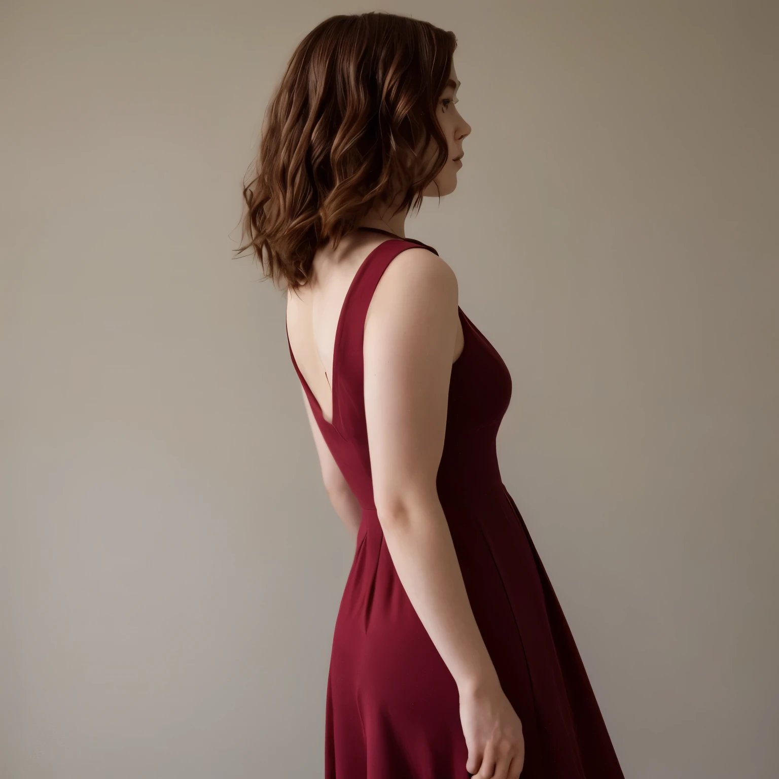 Sophia Lillis, plump thick body , pale skin, long wavy hair, thick thighs, tight maroon dress, seen from the side 