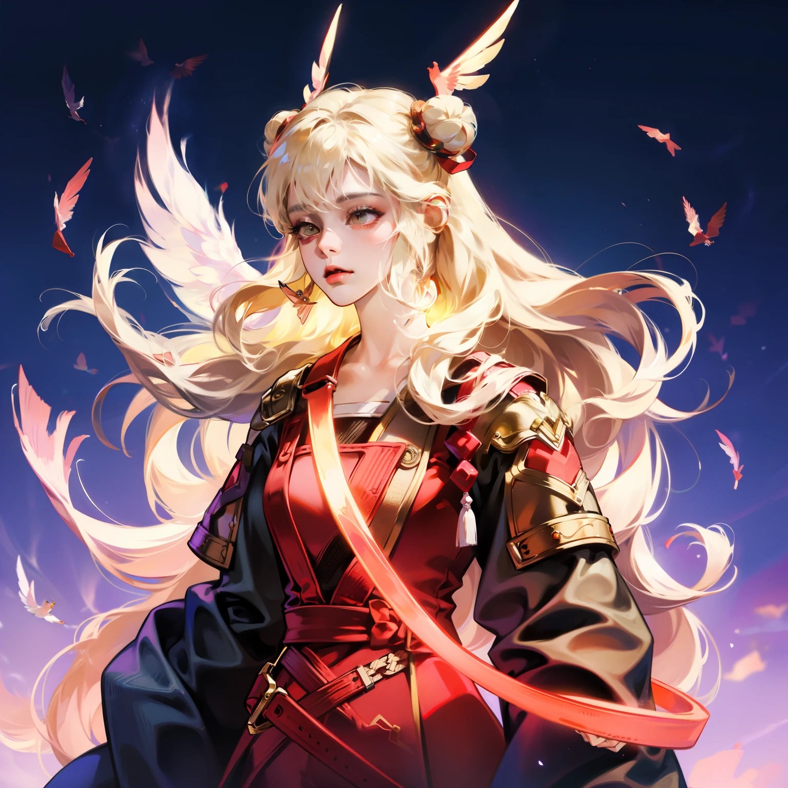 The scene is atmospheric、open, Pictures of ancient sacrifices, smoky, Birds dancing in human clothes, Sunday, (Detailed clothing details, Delicate clothing lighting), looming, Detailed bird feather details, Complicated visuals, (Full of weird and mysterious pictures), long white hair,bun hair
