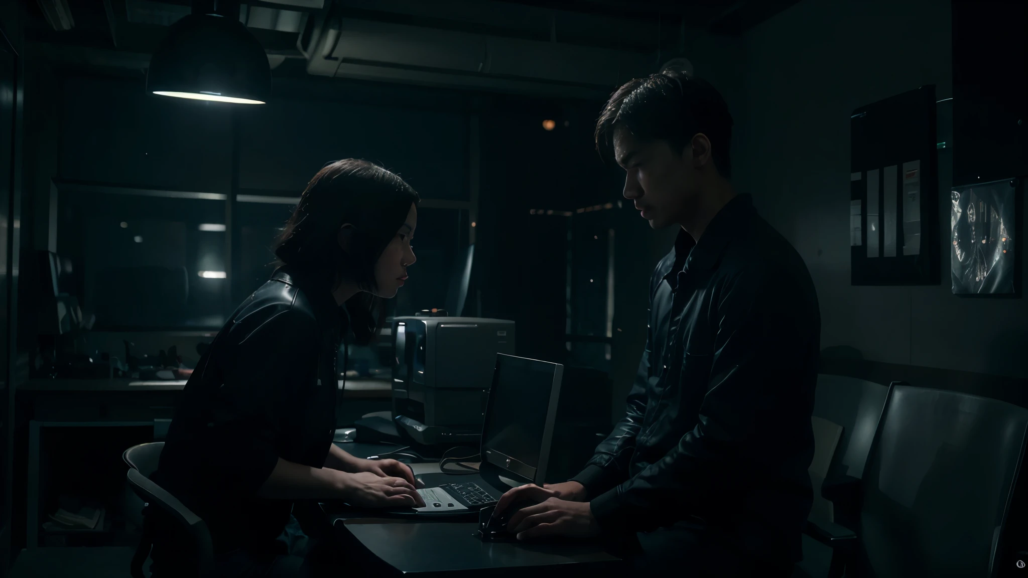 dark room with two people sitting at a computer desk, Chinese youth, male, still from the movie "Arrival", harddisk doctor, serious, sad, annoyed, rape face, letterboxed, chiaroscuro, cinematic lighting, sparkle, glowing light, film grain, chromatic aberration abuse, American propaganda poster, projected inset, UHD, high details