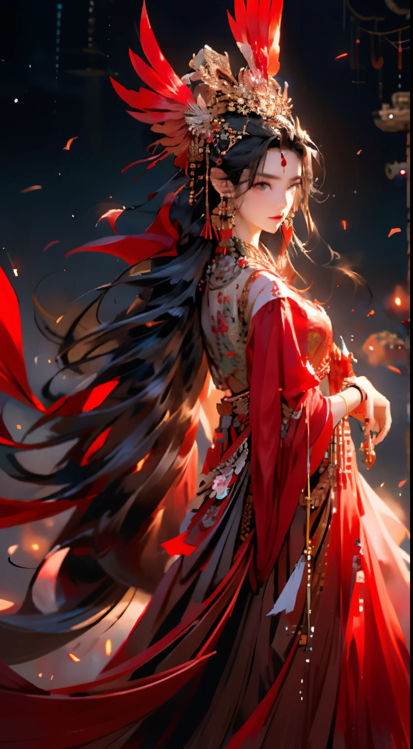 1 girl,jewelry,earrings,alone,long hair,hair accessories,look back,looking at the audience,red skirt,black hair,Upper body,Keep your mouth shut,vague,skirt,tassel,brown hair,feather,from behind,Chinese clothes,tassel earrings,disgust,frown,wrinkled_brow,