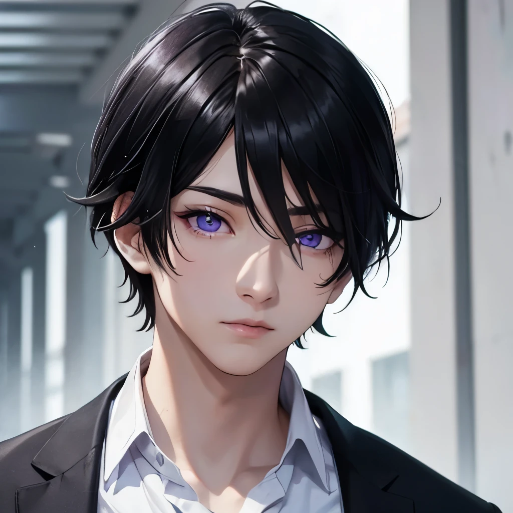 Boy, black hair, violet eyes, sharp features, white skin