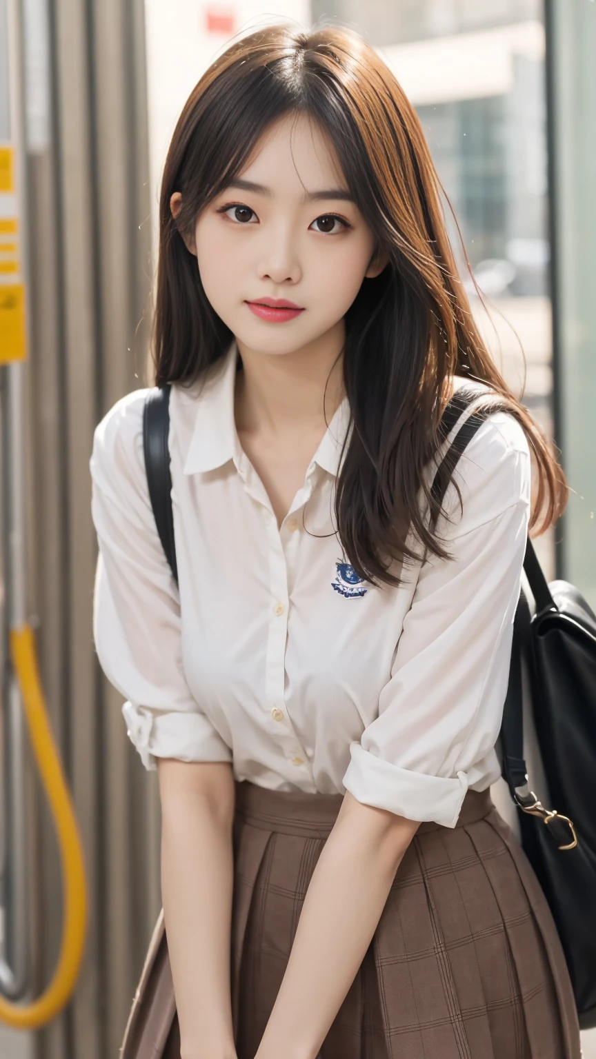 （8k、Raw photo、highest quality、masterpiece：1.2), ぬれたhair,looking at the viewer,Looking at the front,strong,,student,white skin,knees,absurd,small face,前hairを真ん中から分けます、I can see the forehead,(please be shy,tight eyes,glare,strong,skinny,skinny,get annoyed)、masterpiece,highest quality、超A high resolution,one person, solo,whole body、cute、Return to student,school uniform,high school girl,japanese woman,standing,（Photoreal：1.37）、photon mapping,realistic、cutesmall face,brown eyes、prospect、Depth of the bounds written、blurred background、picture,girls、(前hairが見える), hair,  kneesが見える,thin clothing,, thigh,Nogizaka Idol, actress、big and full breasts、Super fine、low person、Skin with visible pores