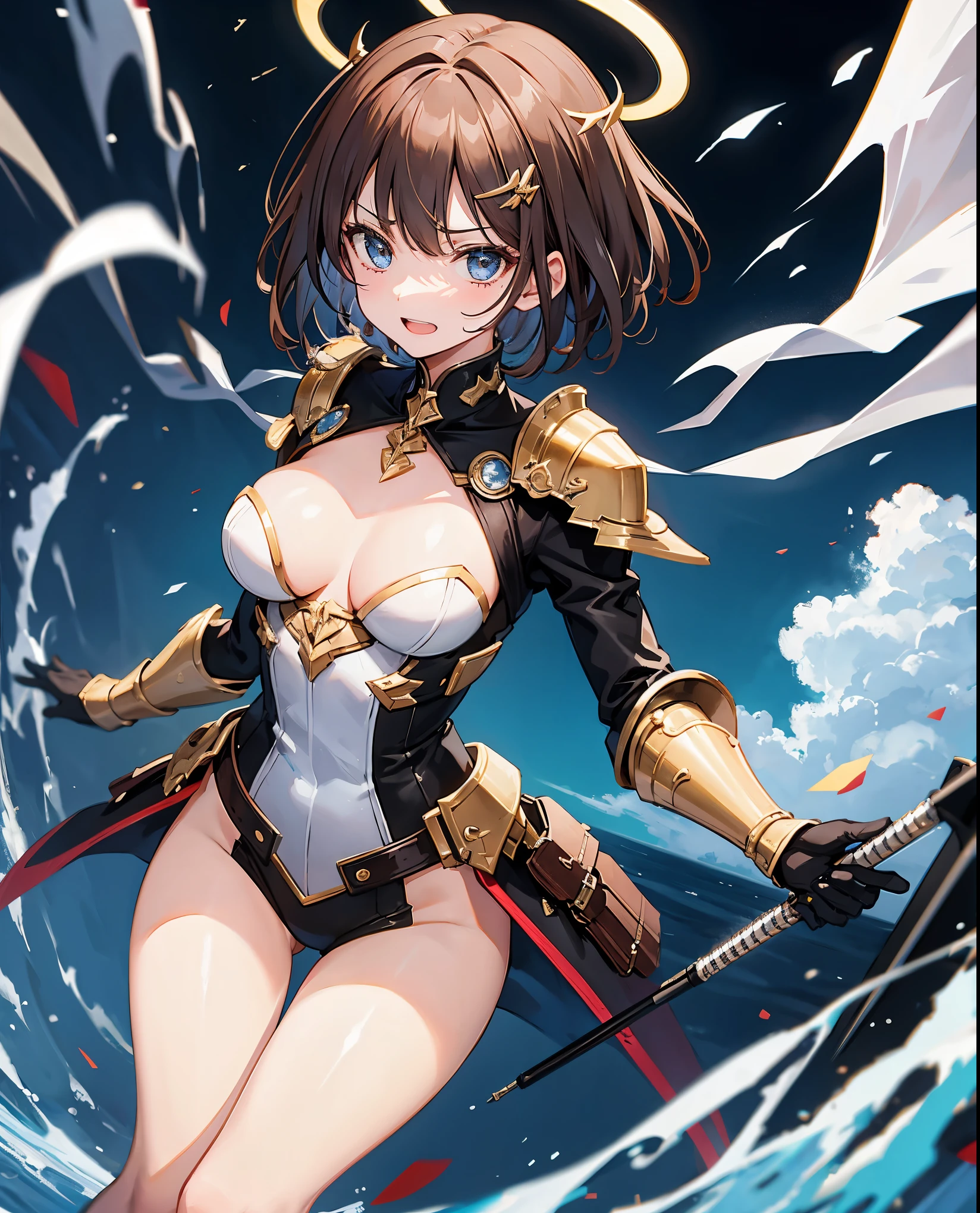 fantasy, 1angel_girl,, ,brown_hair, medium_bob_hair, long_bangs, halo,bare_shoulder,thighhighs,silver_armor, waist_armor, large_breasts,angry,grinning,open_mouth_teeth, 1pair_wings, dynamic_pose_fighting,floating, bare_crotch, headgear,gauntlet, greaves,city_background,slightly_spread_legs, solo, groin_naked,