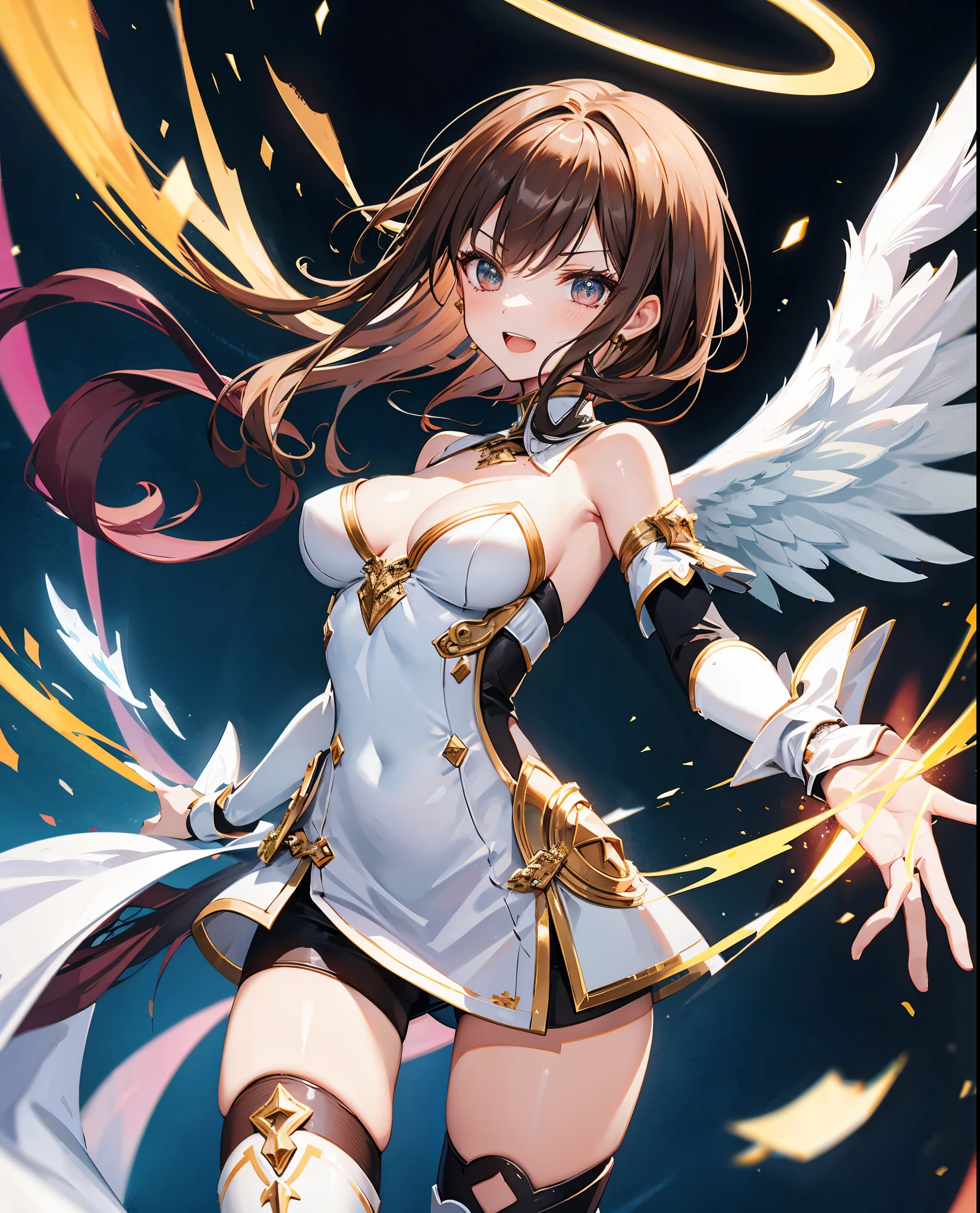 fantasy, 1angel_girl,, ,brown_hair, medium_bob_hair, long_bangs, halo,bare_shoulder,thighhighs,silver_armor, waist_armor, large_breasts,angry,grinning,open_mouth_teeth, 1pair_wings, dynamic_pose_fighting,floating, bare_crotch, headgear,gauntlet, greaves,city_background,slightly_spread_legs, solo, groin_naked,