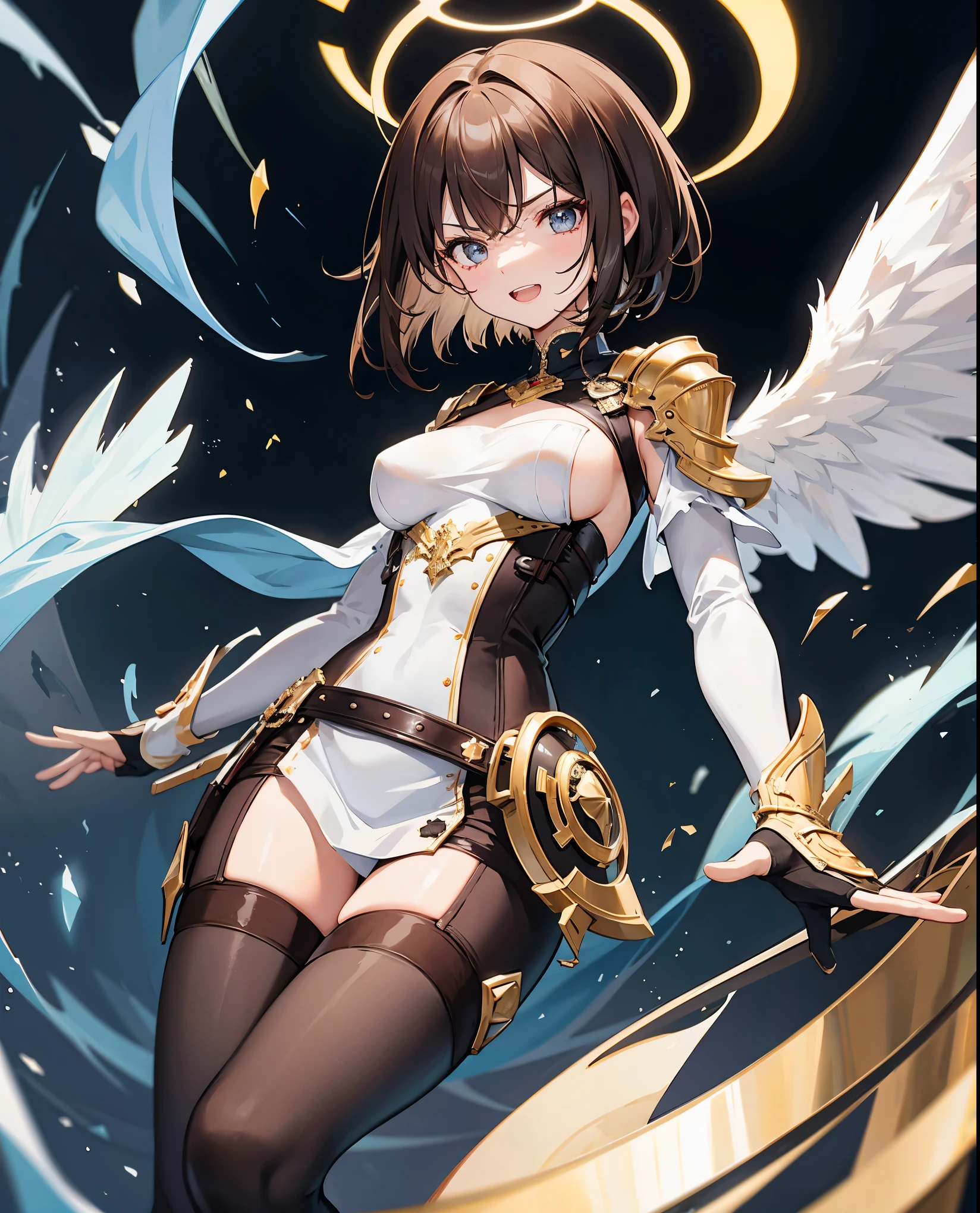 fantasy, 1angel_girl,, ,brown_hair, medium_bob_hair, long_bangs, halo,bare_shoulder,thighhighs,silver_armor, waist_armor, large_breasts,angry,grinning,open_mouth_teeth, 1pair_wings, dynamic_pose_fighting,floating, bare_crotch, headgear,gauntlet, greaves,city_background,slightly_spread_legs, solo, groin_naked,