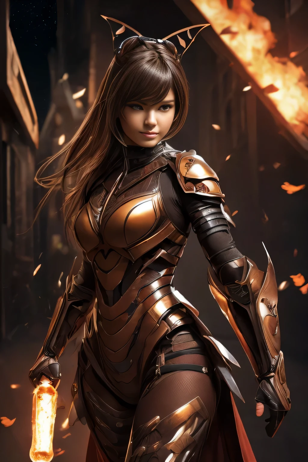 (High resolution,masterpiece,highest quality,Very detailed CG, anime, official art:1.4), realistic, photograph, amazing detail, everything is complicated, shiny and glossy,Amazing number of layers, 8K wallpaper, 3D, sketch, cute, figure,( alone:1.4), perfect female proportions,villain's daughter, (Fusion of dark brown cockroach and lady:1.4), (brown cockroach woman:1.2), (brown cockroach woman:1.2), (Fusion:1.2), (alone:1.4), (evil smile:1.2), muscular, abs, (Cockroach brown exoskeleton bio insect suit:1.4), (Cockroach brown exoskeleton bio insect armor:1.2), (brown transparent cockroach feathers:1.4), (Antennae of brown cockroaches:1.3),
