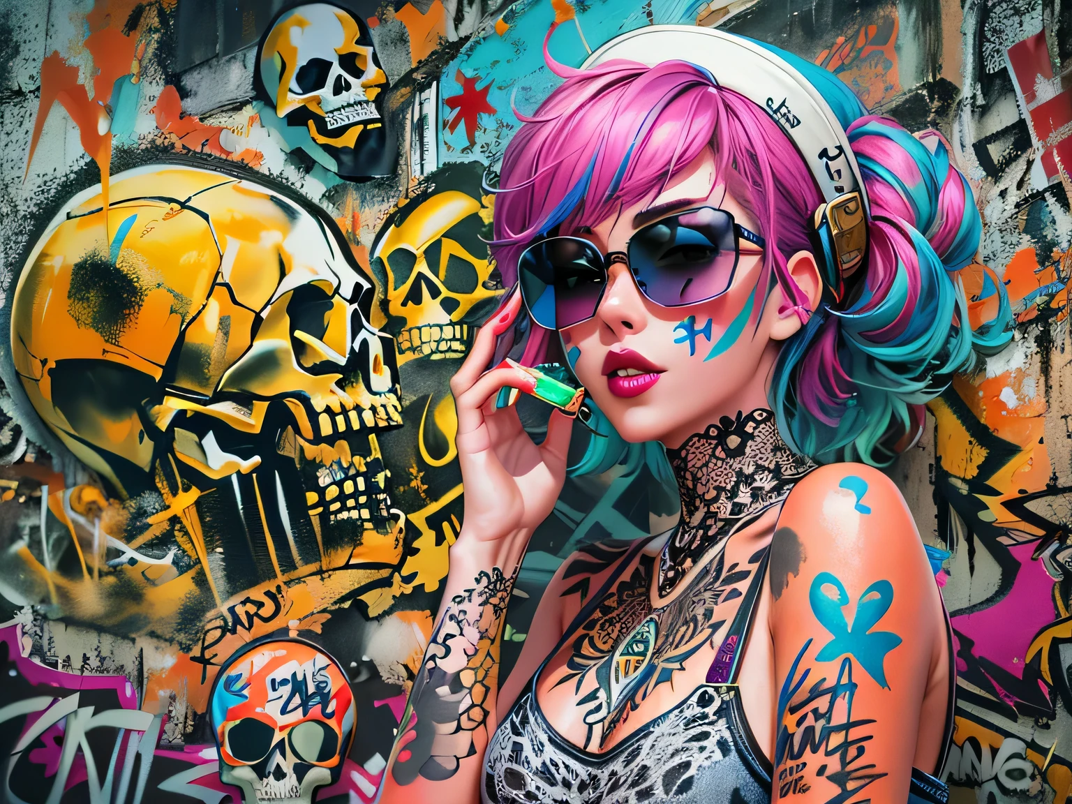 watercolor painting, 8K resolution、((highest quality))、((masterpiece))、((Super detailed))、1 female、alone、incredibly absurd、 (((The most beautiful pirate girl of all time))), (((Stylish sunglasses))), lips in love, white skin, bandana, (((skull fashion))), neon、short cut hair、small breasts, (((graffiti art))), colorful hair, provocative