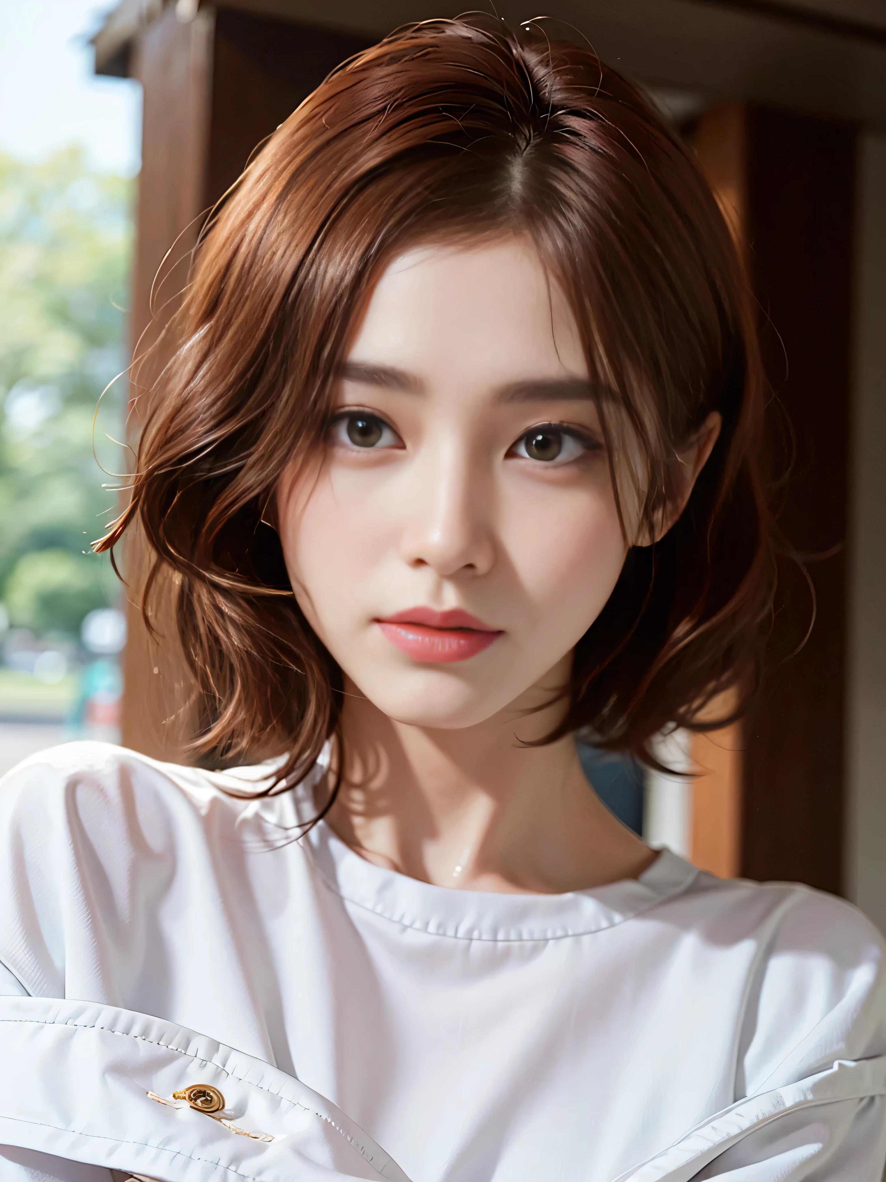 wearing a sailor suit、hair color is bright red、The hairstyle is short hair、The background is outdoors