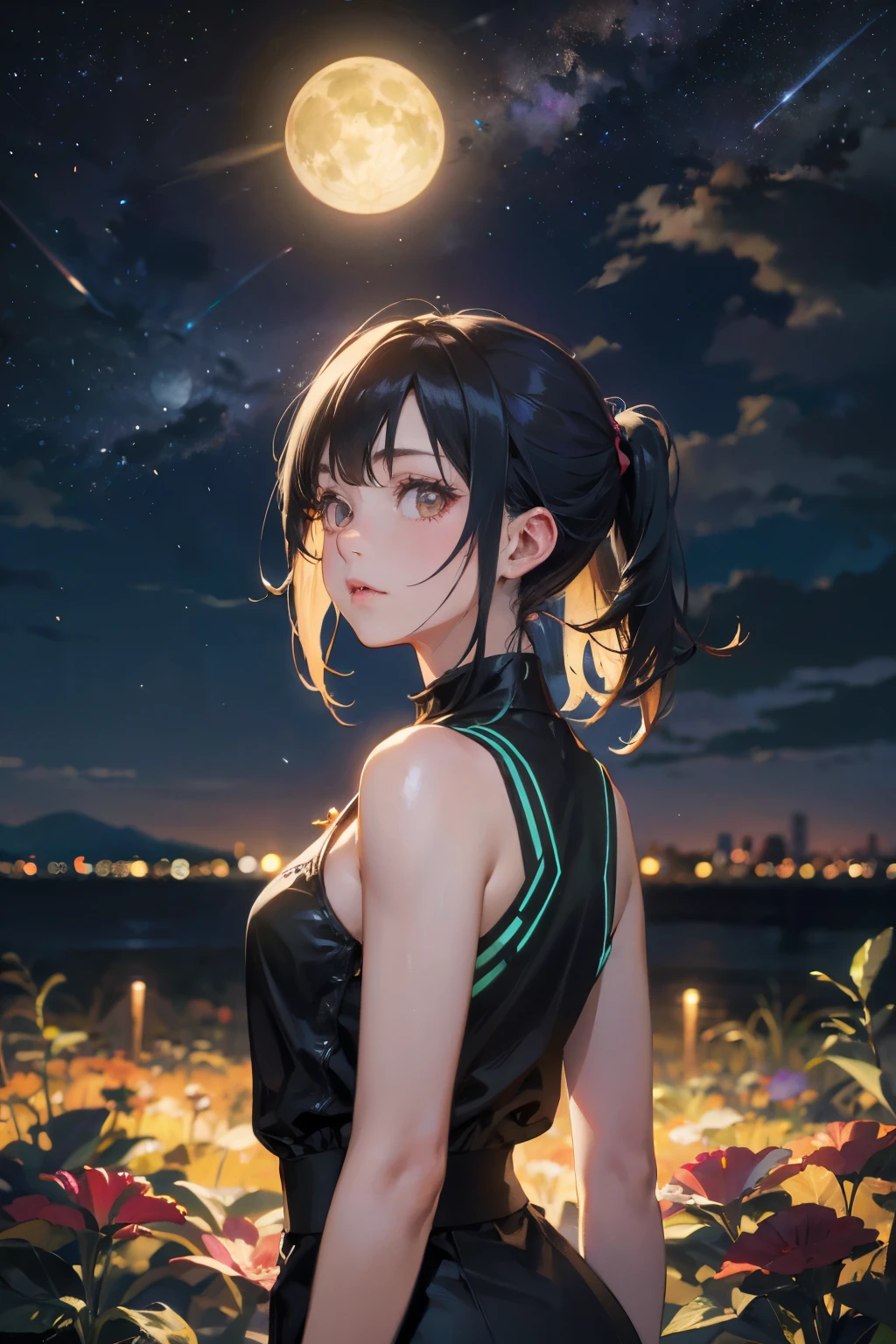 a 20 yo woman、Black blue Hair、poneyTail、(hi-top fade:1.3)、dark themed、Muted Tones、Subdued Color、highly contrast、(natural skin textures、Hyper-Realism、Soft light、sharp)、full moon night, starry sky, shooting stars, a girl standing on a sea of colorful flowers, looking up the sky, turn back to viewers, butterfly, fireflies, (girl focus:0.7) BREAK,Detailed,Realistic,4k highly detailed digital art,octane render, bioluminescent, BREAK 8K resolution concept art, realism,by Mappa studios,masterpiece,best quality,official art,illustration,ligne claire,(cool_color),perfect composition,absurdres, fantasy,focused, rule of thirds