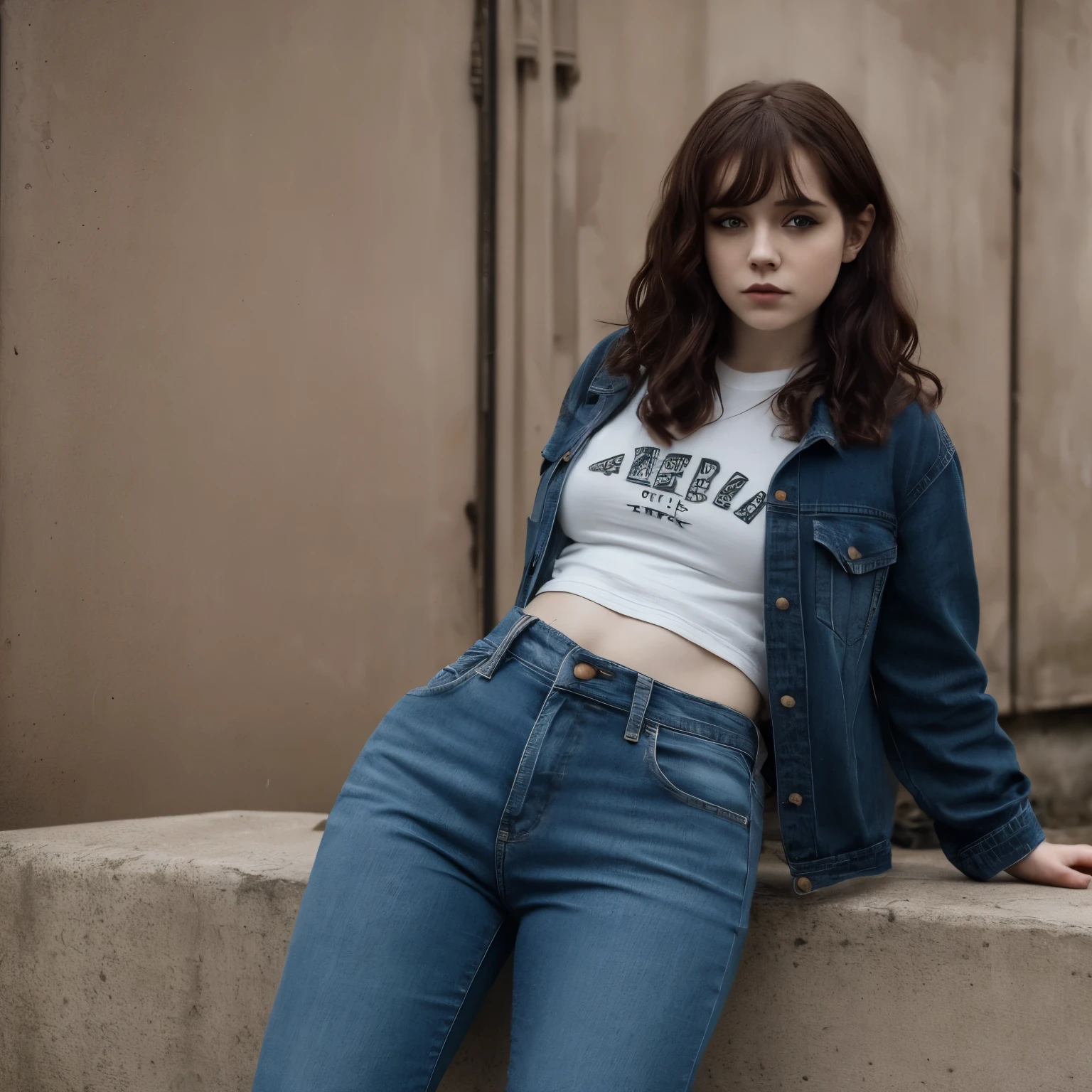 Sophia Lillis, plump thick body, goth makeup, pale skin, long wavy hair, thick thighs, torn shirt and jeans