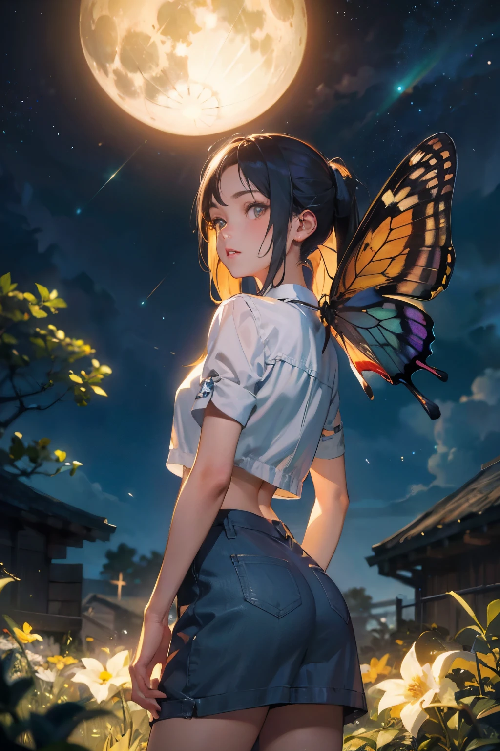 a 20 yo woman、Black blue Hair、poneyTail、(hi-top fade:1.3)、dark themed、Muted Tones、Subdued Color、highly contrast、(natural skin textures、Hyper-Realism、Soft light、sharp)、full moon night, starry sky, shooting stars, a girl standing on a sea of colorful flowers, looking up the sky, turn back to viewers, butterfly, fireflies, (girl focus:0.7) BREAK,Detailed,Realistic,4k highly detailed digital art,octane render, bioluminescent, BREAK 8K resolution concept art, realism,by Mappa studios,masterpiece,best quality,official art,illustration,ligne claire,(cool_color),perfect composition,absurdres, fantasy,focused, rule of thirds