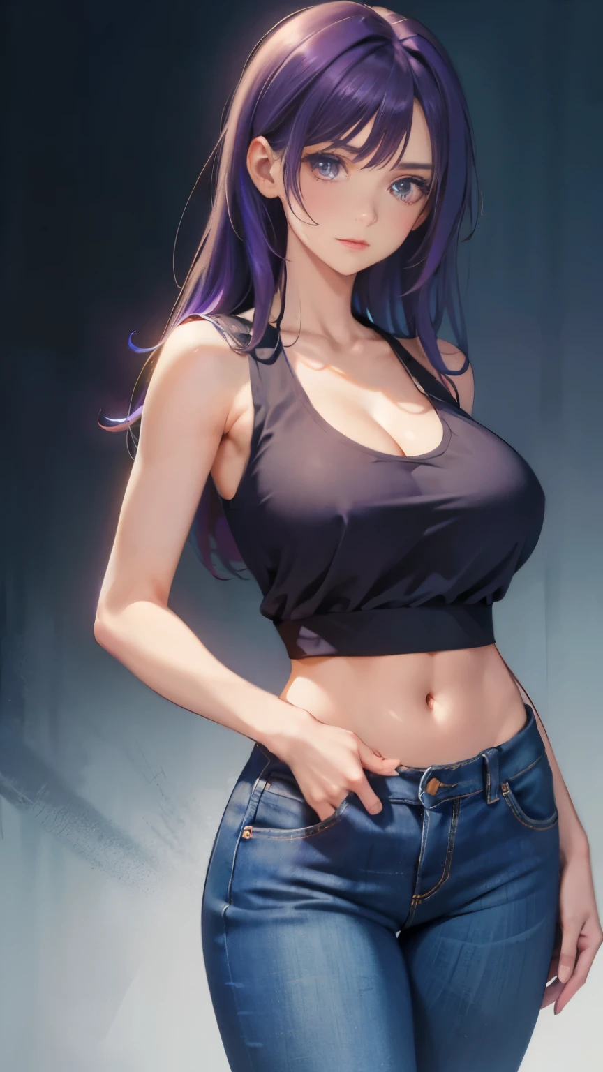 （Lifelike， hight resolution：1.3）， 1 girl with a perfect body， super fine face and eyes，length hair，purple color  hair， Tank top of random colors：1.2， Short jeans， Big boob，Expose cleavage