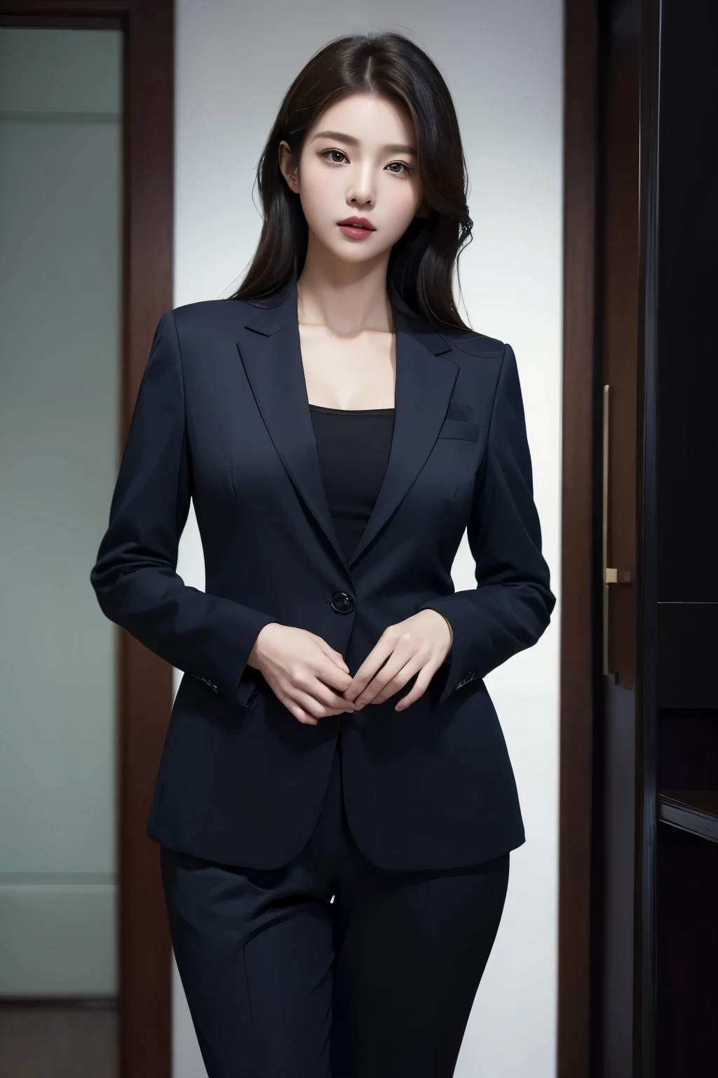 (((masterpiece))),(((high resolution)))、((beautiful woman))、(((Korean Secretary)))、(((suit)))、((beautiful woman))、(cute)、(((suit)))、night、big breasts、Plump、standing and looking at me