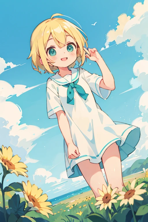 masterpiece, highest quality, cute, cute, 1 girl, alone, blonde hair, aqua eye, smile, Sunny, cloudy sky,