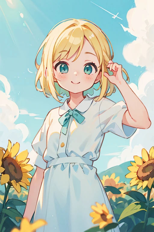 masterpiece, highest quality, cute, cute, 1 girl, alone, blonde hair, aqua eye, smile, Sunny, cloudy sky,