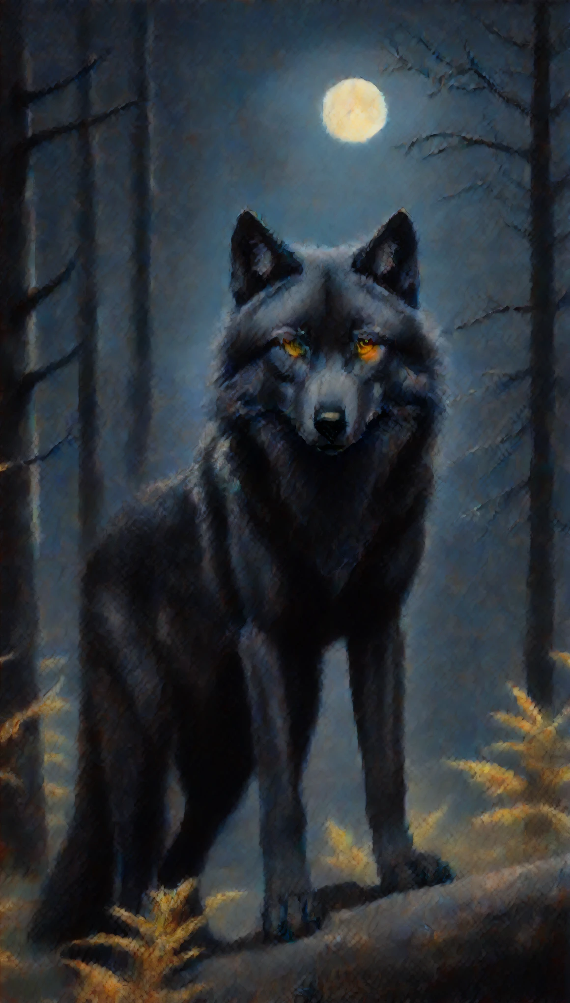 (black wolf,yellow eyes,in the forest),oil painting,detailed fur texture,moonlit night,ominous atmosphere,majestic posture,vibrant colors,sharp focus,long claws,hint of mystery,haunting beauty