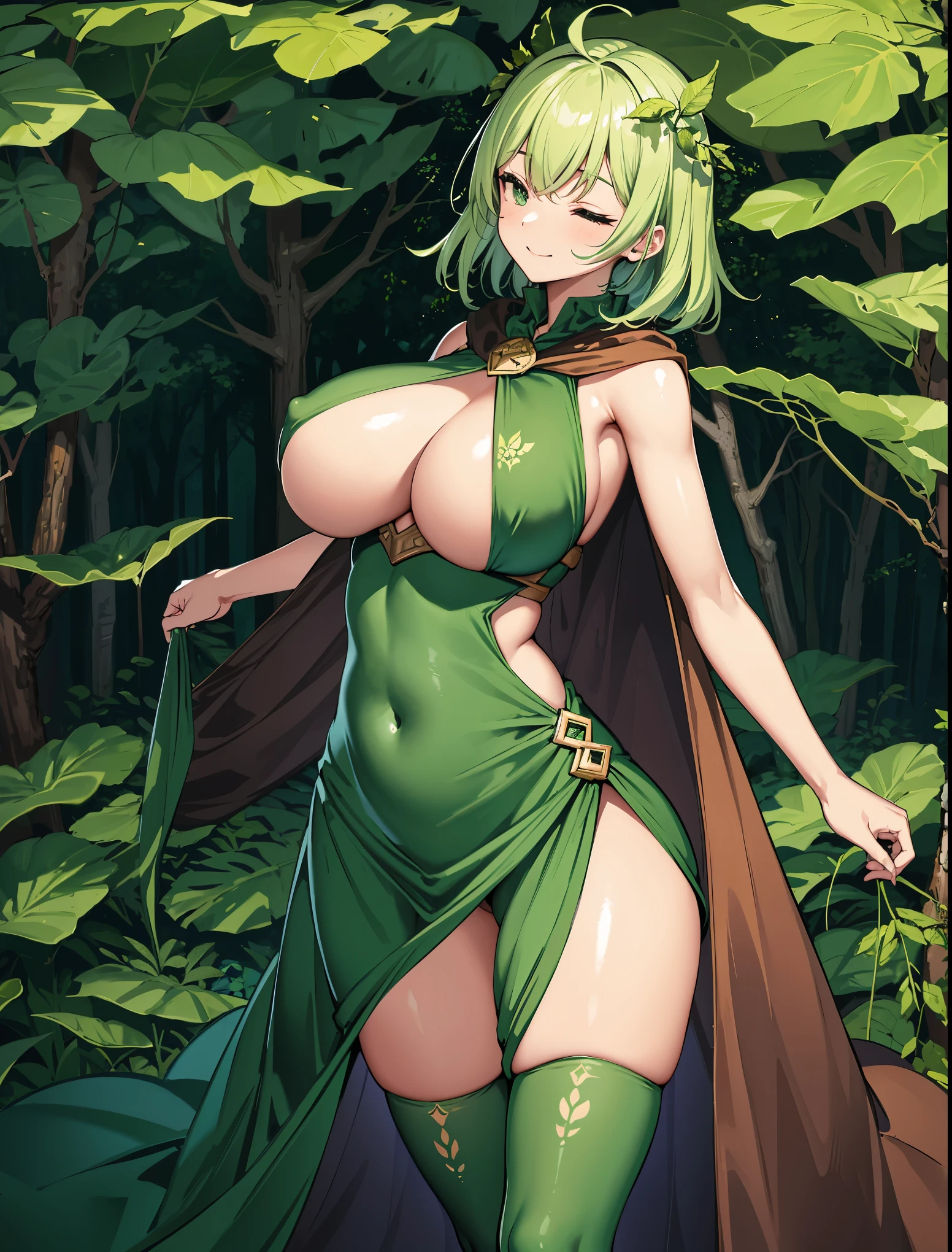 fantasy, 1forest_elemental_girl,(dark_skin:0.9), (using_leaves_clothes:1.1), green_leaves_covered_breasts, leaves_covered_pussy,covered_nipples,(gigantic_heavy_tits:1.1), walking, smile, sleepy, medium_hair, navel oil, (winding_vine_around_torso:1.1), forest_background, leaves_headgear, green_leaves_cape, spread_arms, large_staff, leaves_thighhighs, big_ass,solo,(pelvic_curtain), tabard,(plump:0.8),