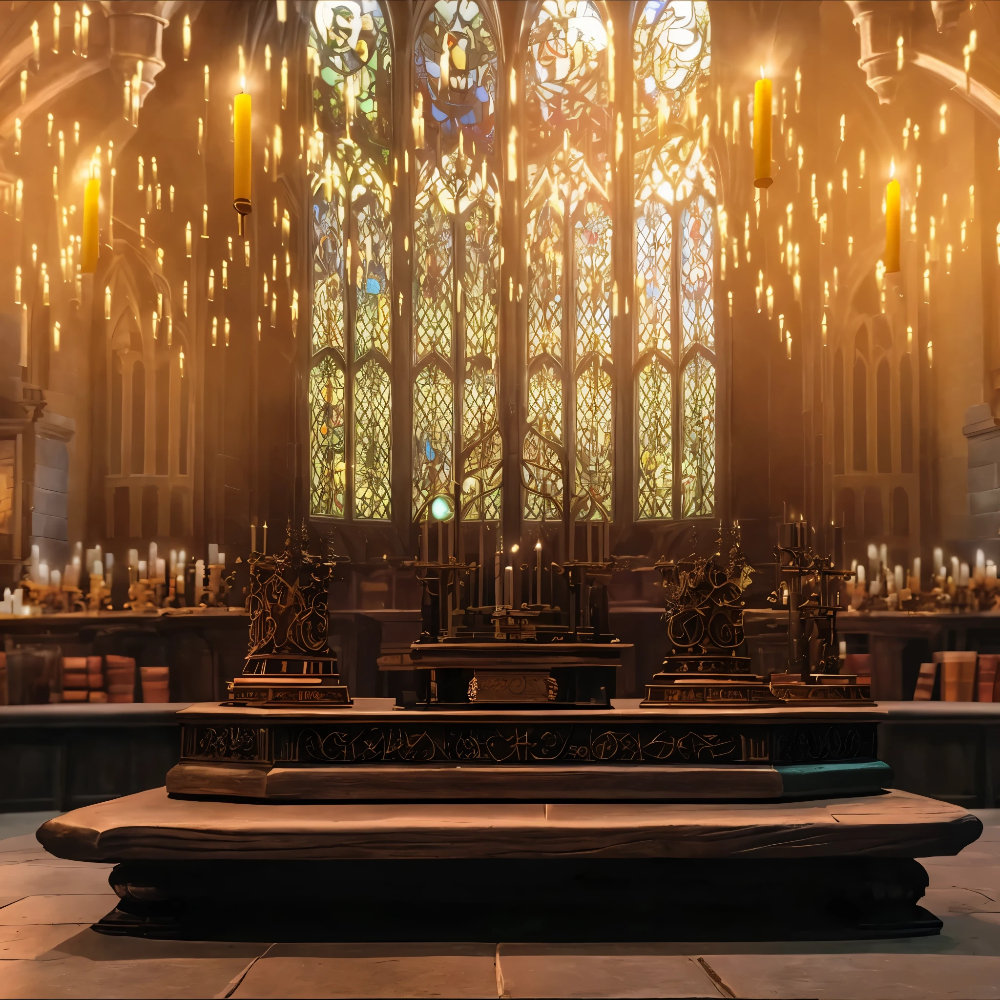 there is a large altar with candles and a stained window, hogwarts great hall, gothic epic library concept, background hogwarts, dark majestic ornate great hall, hogwarts gryffindor common room, hogwarts setting, hogwarts library, harry potter series setting, in the gryffindor common room, gothic epic library, scene set in a church, castle great hall, hogwarts legacy, magical atmosphere