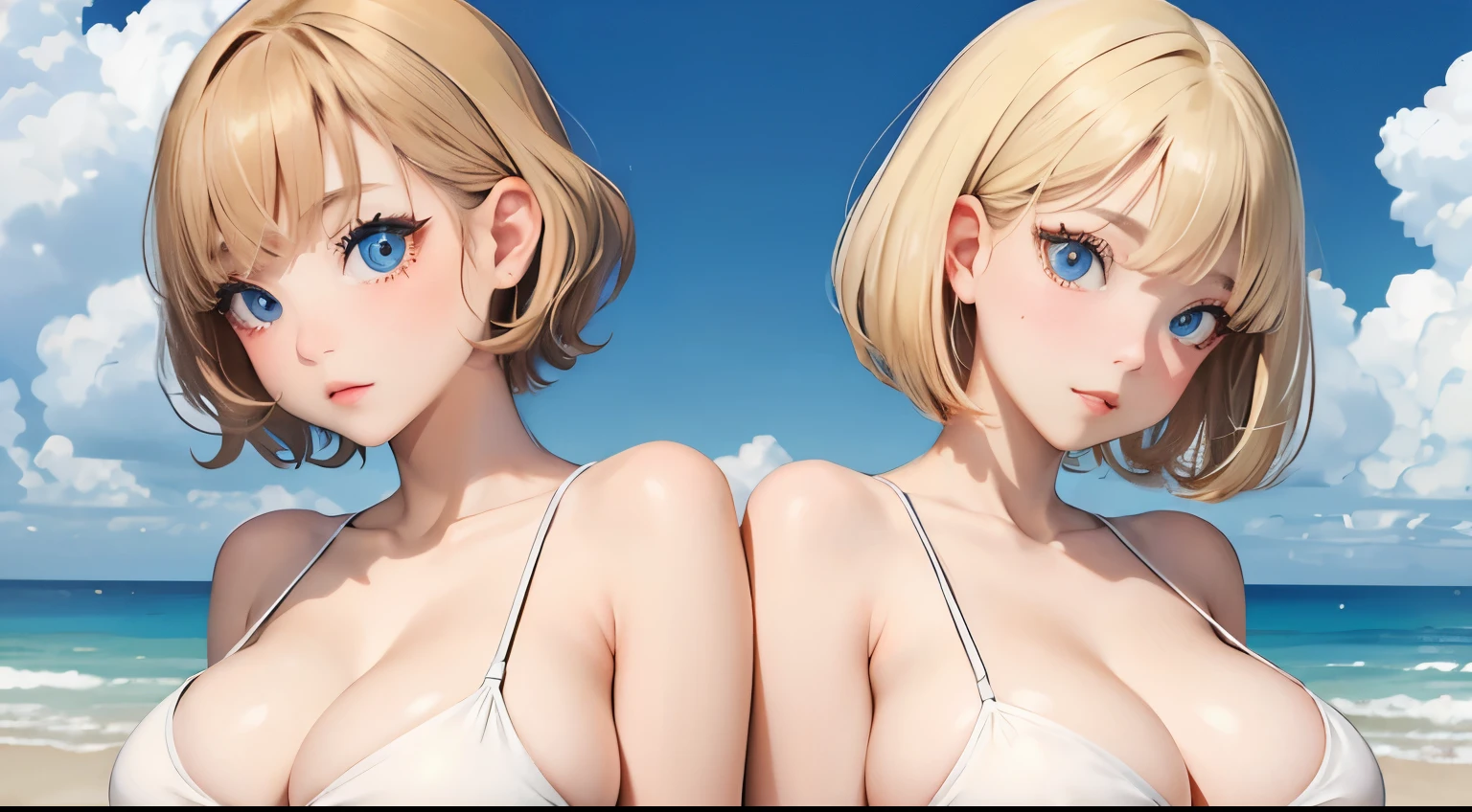 (masterpiece:1.2), (highest quality:1.2),, Curvy but slender body, perfect eyes, perfect face, perfect lighting, 2 girls, ,on the beach,(toilet pose),(one piece swimsuit),(whole bodyのフルショット),(short hair),(smile),curly hair, fine clothes, detailed outdoor background, compensate, eye shadow, thick eyelashes, fantasy, looking at the viewer, whole body、blue sky、bright and beautiful face、young shiny glossy white shiny skin、the best beauty、the most beautiful bright blonde hair in the world、thin hair、short hair、Shining beautiful bangs、big shining blue eyes、very beautiful and nice 18 years old, the most beautiful girl in the world、big breasts