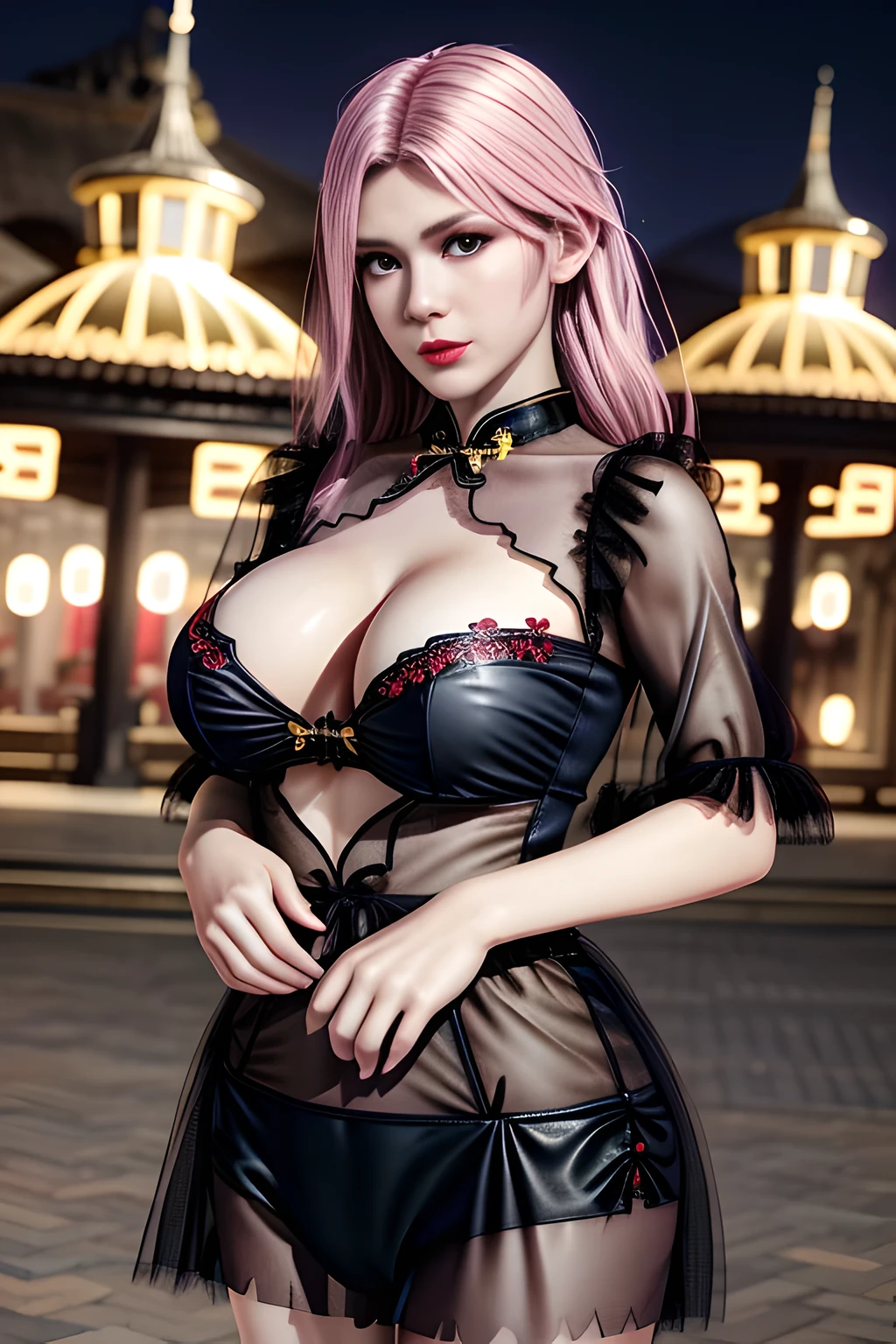 night,1 girl,Alice,(tulle cheongsam:1.4),lace, jewelry,Outdoor activities, (standing posture),grace,(((red lips))), Lips slightly open, clavicle,Lactation,(huge breasts:1.3),skin shiny,((8k, original photo, top quality, masterpiece)), HD RAW color photos professional close-up photos, (actual, photorealism: 1.37), (best quality),8k,Fabric luster,alone,