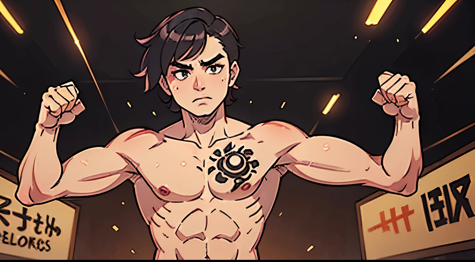 (best quality,4k,8k,highres,masterpiece:1.2),ultra-detailed,(realistic,photorealistic,photo-realistic:1.37),portrait,medium:oil painting,20 year old man,fierce stare,strong muscular build,toned physique,kickboxer,in the prime of his youth,exudes confidence,in a dynamic fighting pose,glistening with sweat,punching bag in the background,dramatic lighting emphasizing his strong features,intense expression,short hair styled in a trendy and edgy way,sharp jawline and chiseled facial features,rippling muscles,visible veins on his arms,beautifully defined abs,straps of his boxing gloves tightly wrapped around his hands,tattoos adorning his arms and chest,revealing a glimpse of his rebellious personality,deep shadows and highlights creating a sense of depth,contrasting colors adding vibrancy and energy to the composition,rich earthy tones with pops of bold and vivid hues,creating a captivating contrast with the background,exuding strength and power.