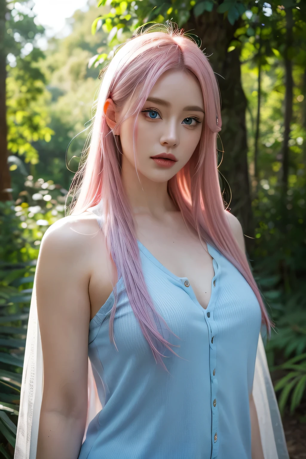 translucent zero water, Good velvet quality, Zero adjustment, contrast, divine light, blue eyes, pink hair, woods background, Absolute strength, main，grade，HD