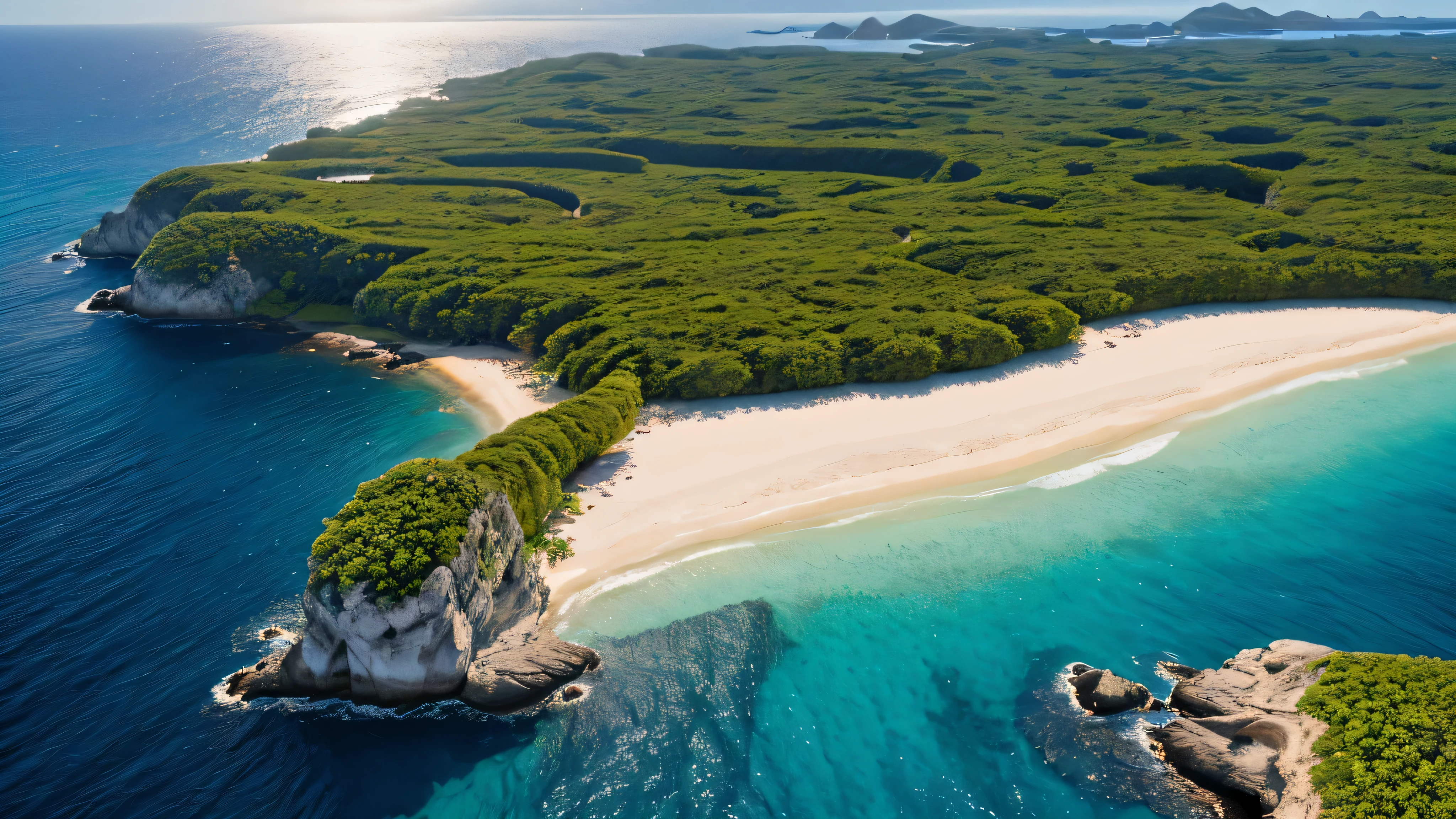 Imagine a spectacular aerial view captured by a drone, révélant des îles isolées dispersées dans un océan d&#39;un bleu profond. Every island is a tropical Eden, avec du sable fin encerclant leurs contours comme des auréoles dorées, contrastant magnifiquement avec l'azur de l'eau environnante. These islands are crowned with dense palm trees, whose green leaves add a richness of color and lively texture to the scene, evoking an oasis of tranquility and&#39;isolement parfait.

Il est environ 17 heures, et le soleil, approchant de l'horizon, baigne le paysage d'une lumière dorée et douce. This end light&#39;afternoon accentuates the serene beauty of the islands, with the elongated shadows of the palm trees adding depth and dynamism to the view. Le contraste entre les zones ensoleillées et les ombres crée une dimension supplémentaire, showcasing the unique topography of each island.

L'atmosphère est claire, permettant une visibilité parfaite des détails à couper le souffle des îles, depuis les ondulations du sable jusqu'aux vagues délicates frangeant les rivages. La vue d'ensemble offre une perspective unique sur la disposition naturelle et la beauté isolée de ces îles, invitant à la contemplation et à l'évasion.

This image is designed to capture the&#39;essence de la découverte et de l&#39;wonder, representing the majesty and tranquility of the island landscapes seen from&#39;en haut. Les éléments naturels - l'eau, le sable, les palmiers, et la lumière du soleil de fin d'aprèidi - s'unissent harmonieusement pour créer une scène à la fois paisible et inspirante, symbolisant la beauté intacte et sauvage de la nature.