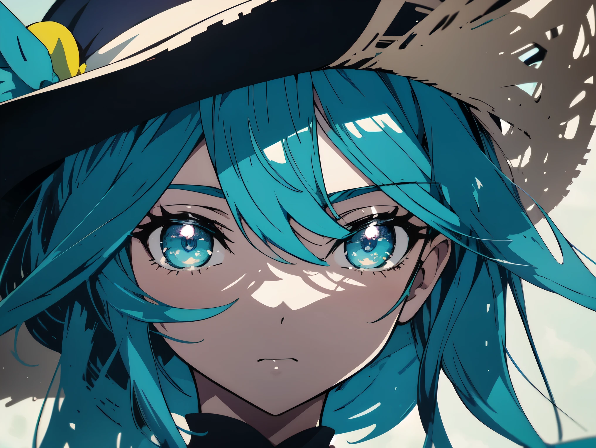 Blue haired anime girl in a straw hat and blue dress, artwork in the style of Gweiz, beautiful anime portrait, Gweiz, beautiful anime girl, beautiful anime style, teal hair anime girl, anime style. 8k, In Bowater's art style, beautiful digital illustrations, beautiful character drawings, stunning anime face portraits