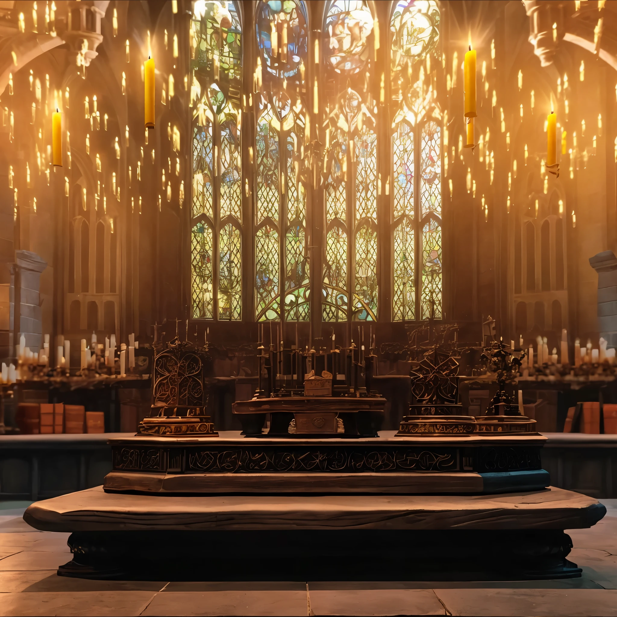 there is a large altar with candles and a stained window, hogwarts great hall, gothic epic library concept, background hogwarts, dark majestic ornate great hall, hogwarts gryffindor common room, hogwarts setting, hogwarts library, harry potter series setting, in the gryffindor common room, gothic epic library, scene set in a church, castle great hall, hogwarts legacy, magical atmosphere