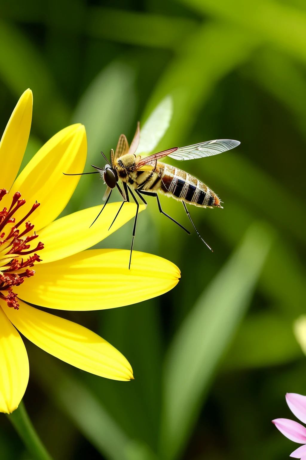 A mosquito, tiny and agile, hovers around vibrant flowers in search of nectar. Its delicate wings shimmer in the sharp focus of the sunlight, while its shiny, dark exoskeleton contrasts with the best quality petals. The intricate patterns on its body come to life under the cinematic lighting, creating a mesmerizing depth of field. Suddenly, it notices a ripe flower and lands with a gentle thud. The shiny hairs on its legs quiver as it begins to drink, completely oblivious to the world around it. The mosquito's wings beat rapidly in the slight breeze, casting small rays of sunlight that dance across the petals. Despite