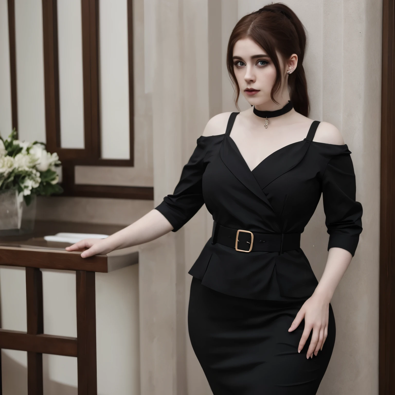 Sophia Lillis, plump thick body, goth makeup, pale skin, long ponytail, business formal dress
