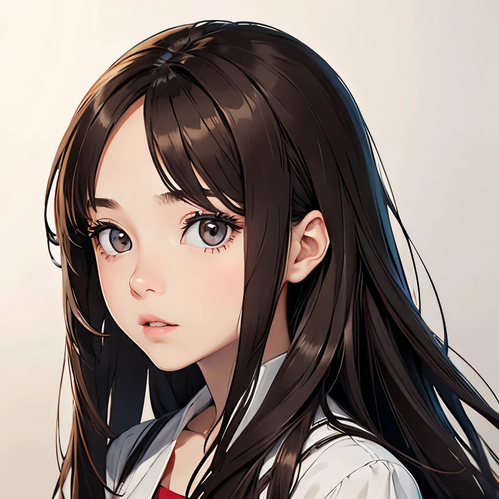 Girl, long brown hair, gray eyes, sharp features, white skin