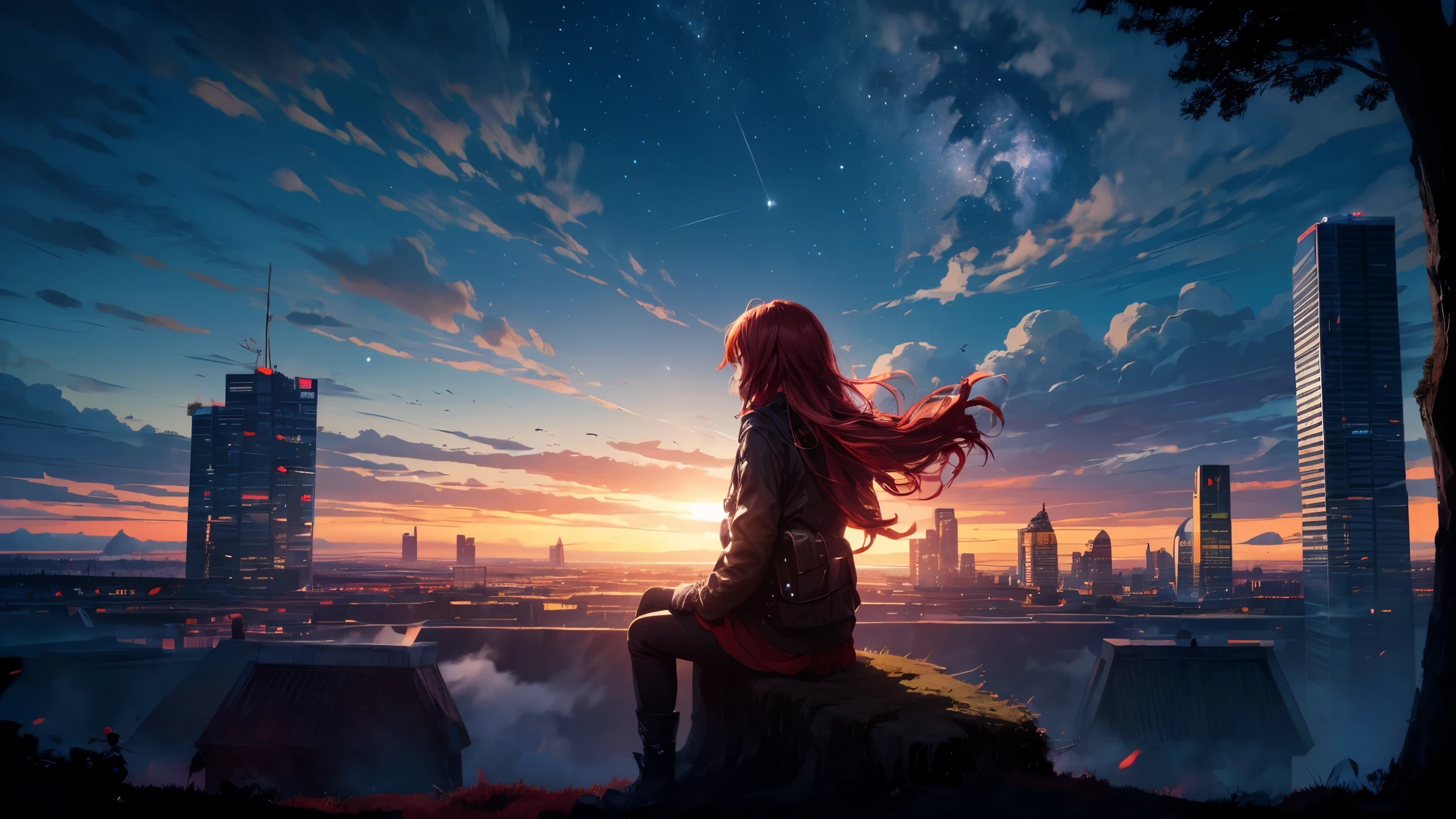 octans, sky, star (sky), scenery, starry sky, night, 1girl, night sky, solo, outdoors, building, cloud, milky way, sitting, tree, long hair, city, silhouette, cityscape, red hair girl, fantastic sky, planet