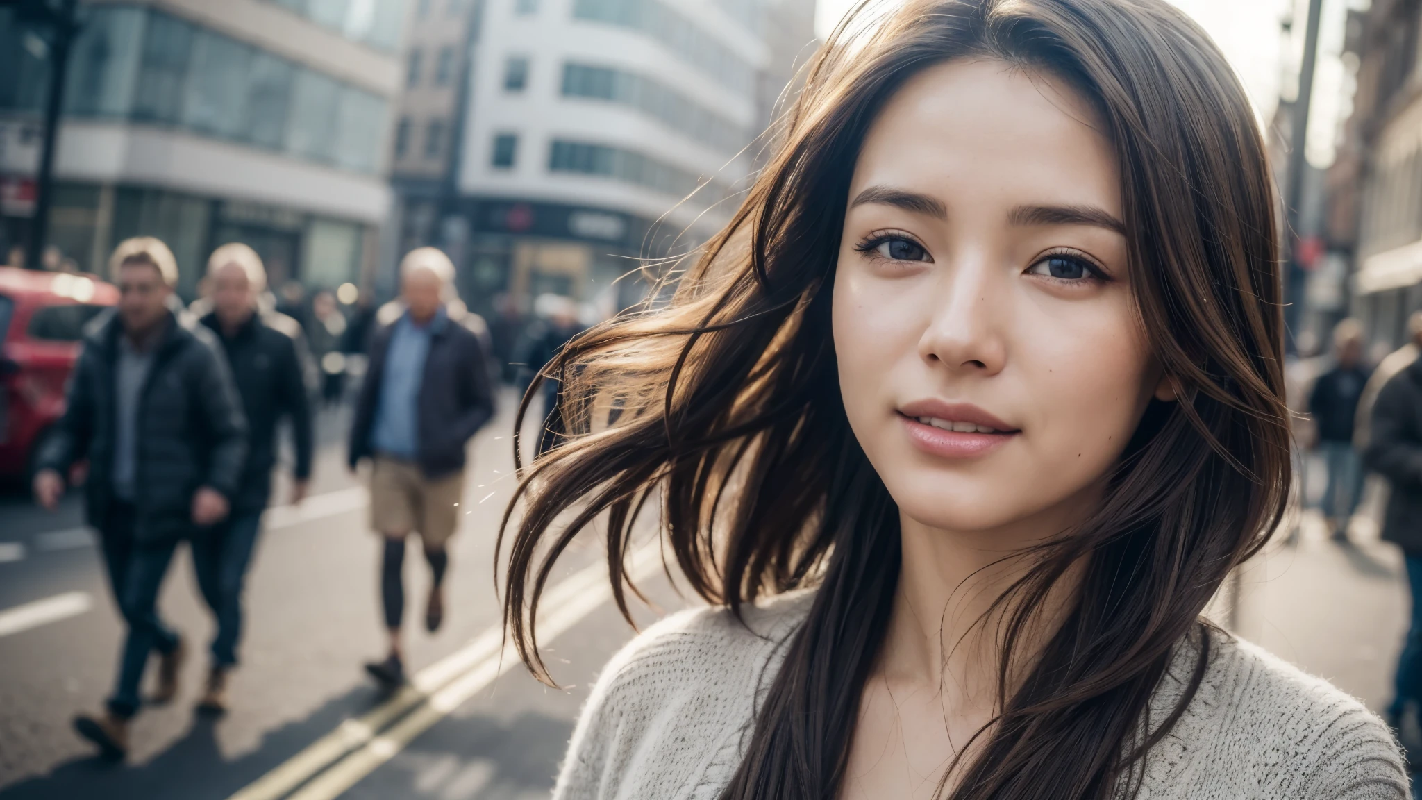 dressed, (photo realistic:1.4), (hyper realistic:1.4), (realistic:1.3), (smoother lighting:1.05), (increase cinematic lighting quality:0.9), 32K, 1girl,20yo girl, realistic lighting, backlighting, light on the face, ray trace, (brightening light:1.2), (Increase quality:1.4), (best quality real texture skin:1.4), finely detailed eyes, finely detailed happy face, finely quality eyes, (tired and sleepy and satisfied:0.0), face closeup, Take a walk on the street of London, (Increase body line mood:1.1), (Increase skin texture beauty:1.1)