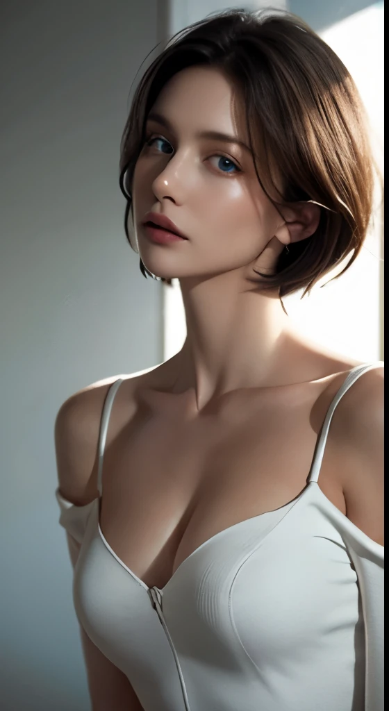 skin tight top:1.2, looking at the viewer, cinematic lighting, perfection, soft light, high resolution skins:1.2, realistic skin texture, 30 year old mature woman、small face、No makeup、, off shoulder,bust B cup、 exposed cleavage,blue eyes, short hair, dark brown hair、full nude、gray background、