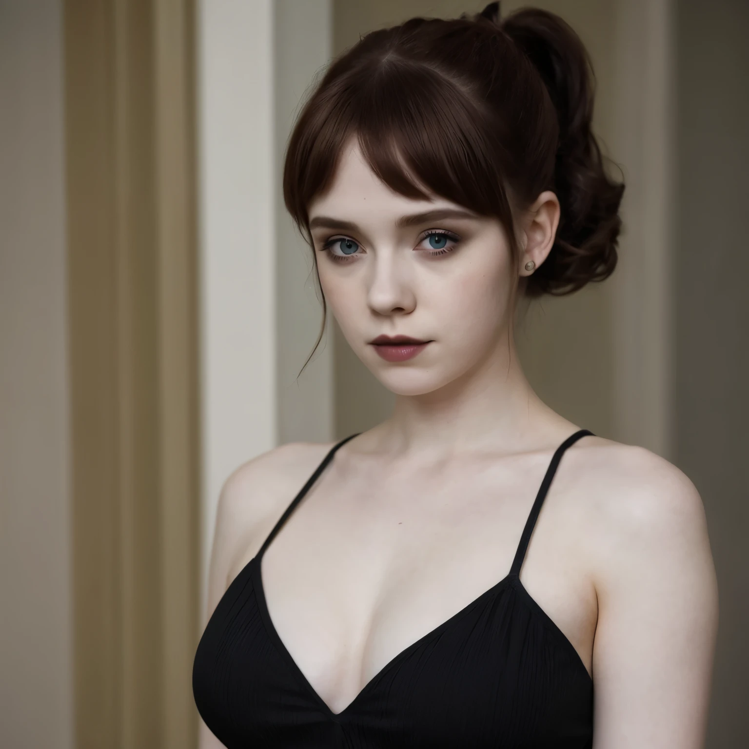 Sophia Lillis, plump thick body, goth makeup, pale skin, long ponytail,
