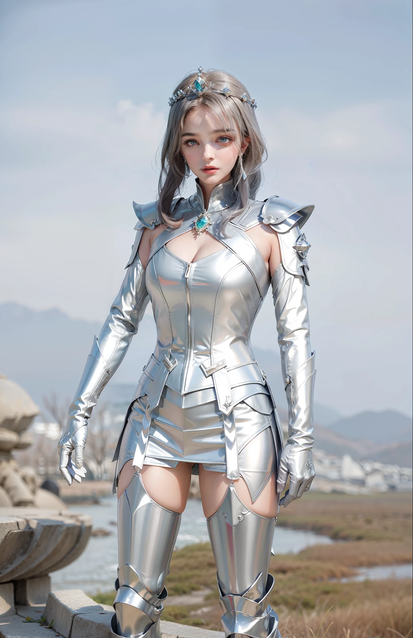Royal sister，exquisite eyes，Frozen queen，put the crown on your head，Detailed facial expressions body，tall figure，Gorgeous，Leg length，4k，HD，Sensual，translucent lace，白皙plump figure，pretty face，Little cherry mouth，beautiful and delicious（3D royal sister），plump figure，gloss gel coat，Queen in luxurious dress，Crystal Gem Crown，Angel of light in armor，Wear silver armor，knight mask