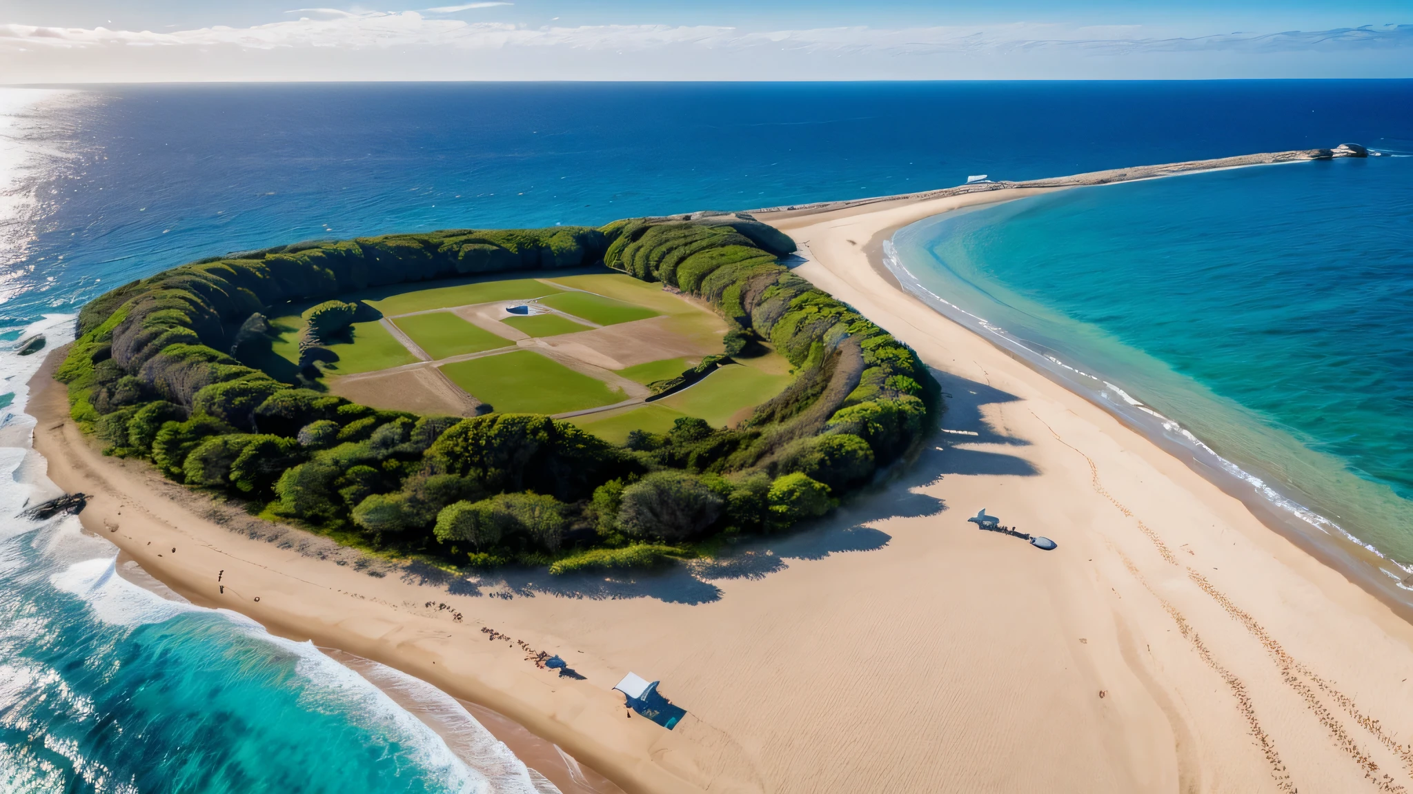 Images de drones, nous voyons des palmiers une île et des plages. Il fait beau le soleil brille il est environ 18 heures.