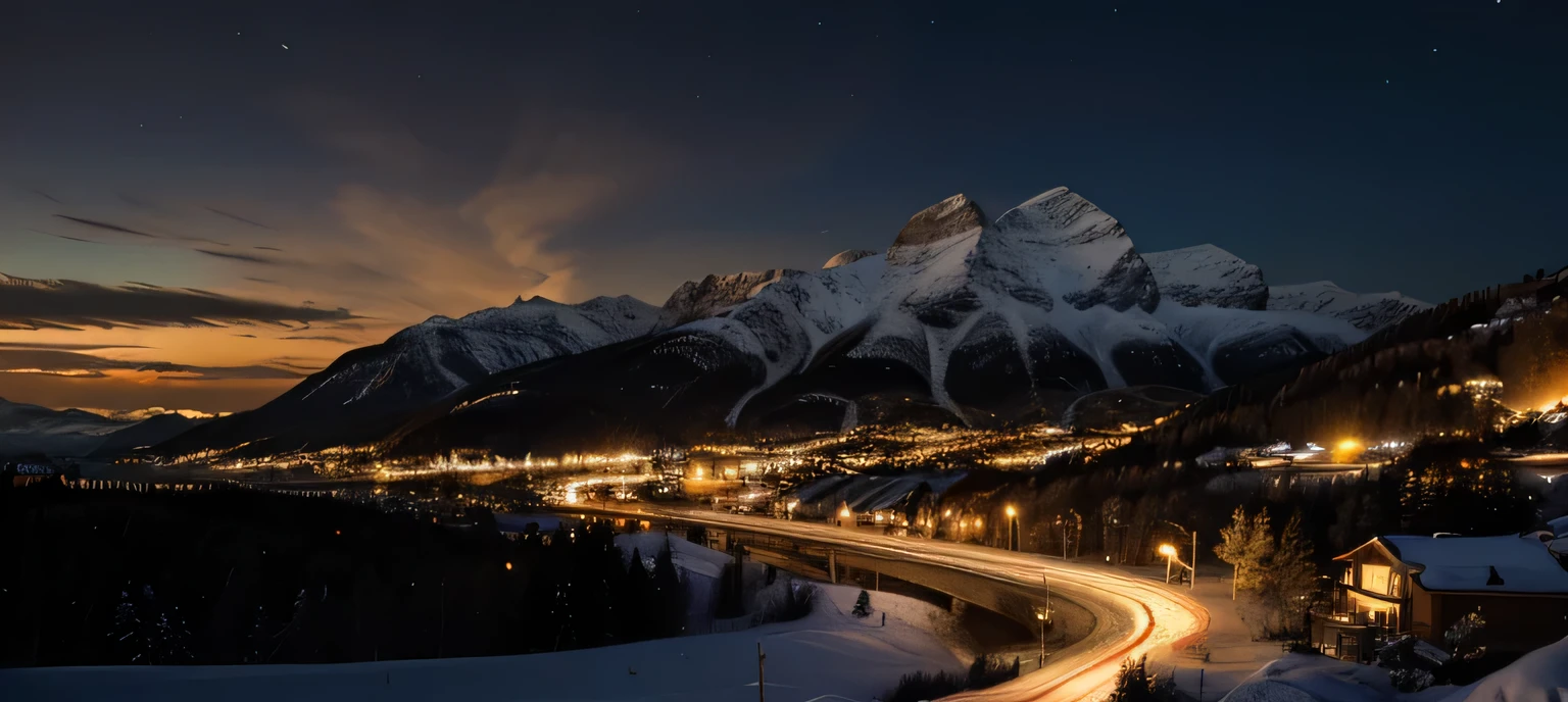 (extremely detailed 8k wallpaper), sky, night, snow, city mixed with nature, mountains, award-winning photography, dramatic lighting, (dark and golden colors), golden lights.
