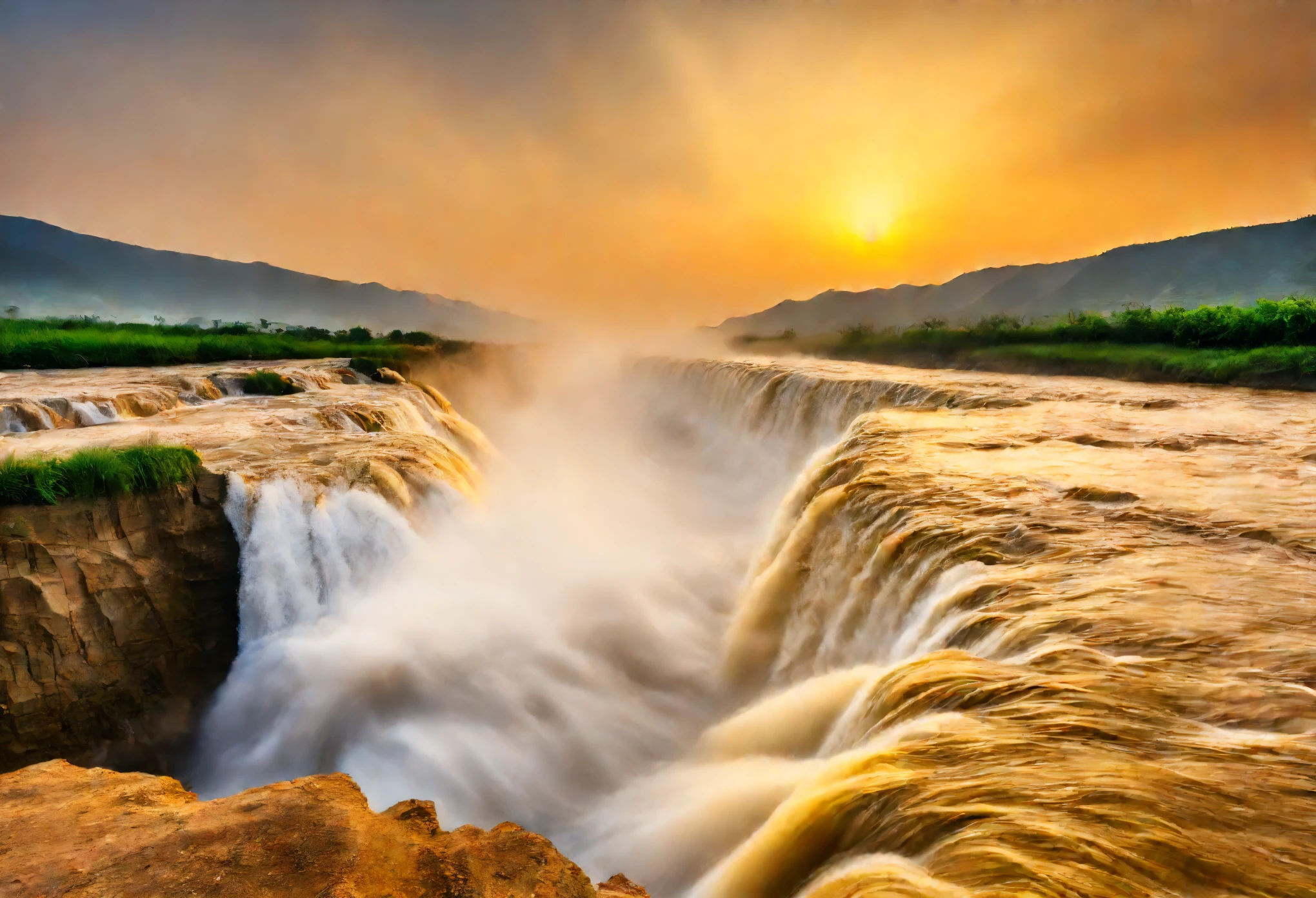 Hukou Waterfall landscape,Smoke rises from the bottom of the water,mud color,Take care of the place where the Yellow River enters the "Hukou",Rapid turbulence,Aroused water mist,soar into the sky,Steaming clouds reaching the sky,Like billowing smoke rising from the bottom of the water,Ten miles away。sunset,actual photography,Epic graphics,super high quality,beautiful details,