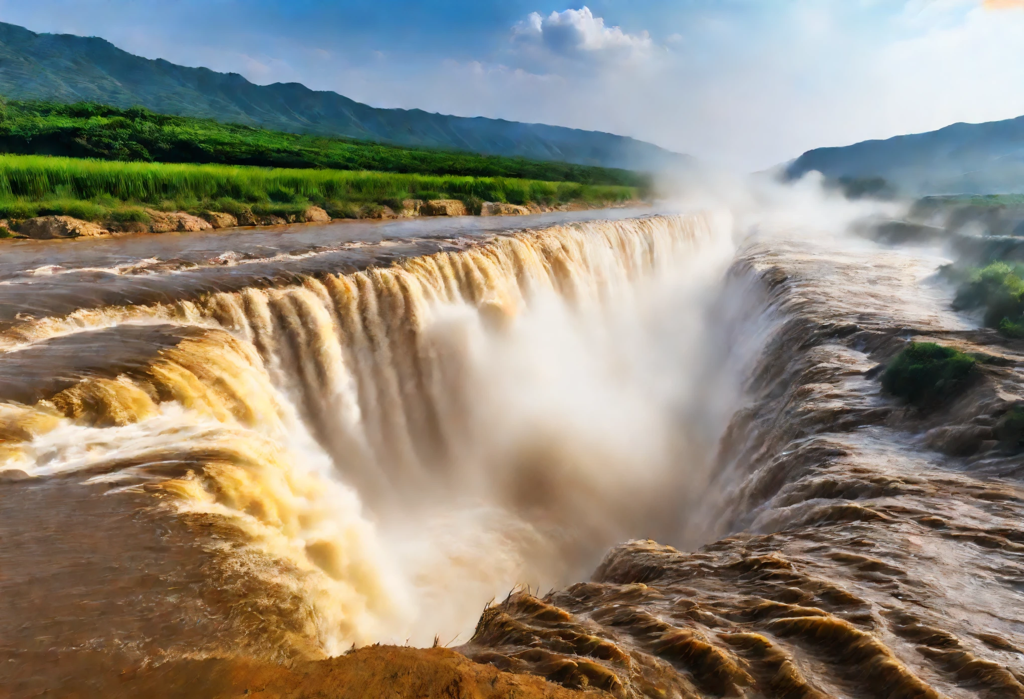 Hukou Waterfall landscape，Smoke rises from the bottom of the water，mud color，Take care of the place where the Yellow River enters the &quot;Hukou&quot;，Rapid turbulence，Aroused water mist，soar into the sky，Steaming clouds reaching the sky，Like billowing smoke rising from the bottom of the water，Ten miles away。sunset，actual photography，Epic graphics，super high quality，beautiful details，