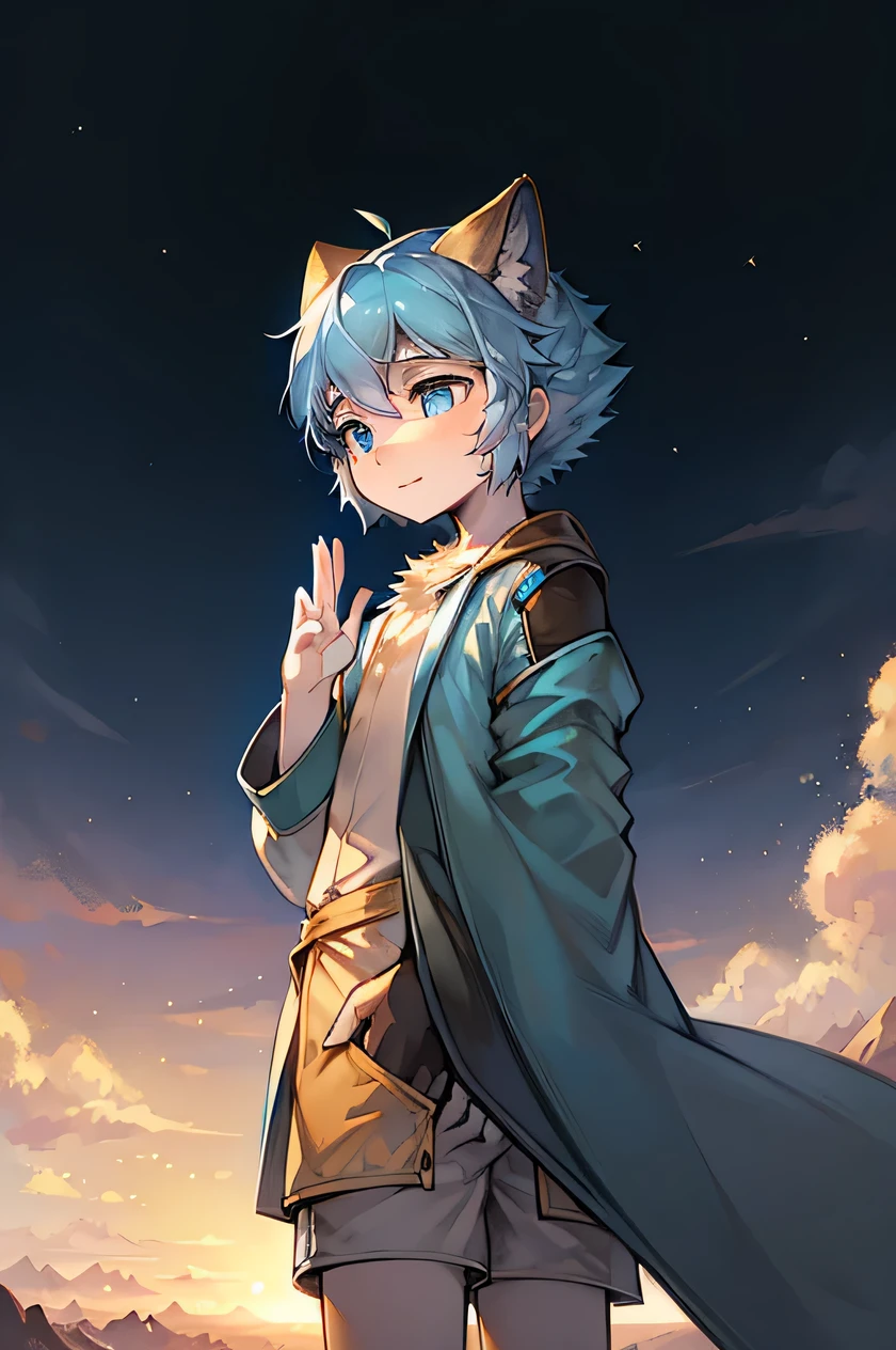 Beautifully drawn, high quality, ultra-detailed CG illustration of a young man with a serene expression, gazing into the distance with his striking light blue hair gently waving in the desert breeze. The scenery behind him is vast and breathtaking, drawing the viewers into a world of wonder and exploration.