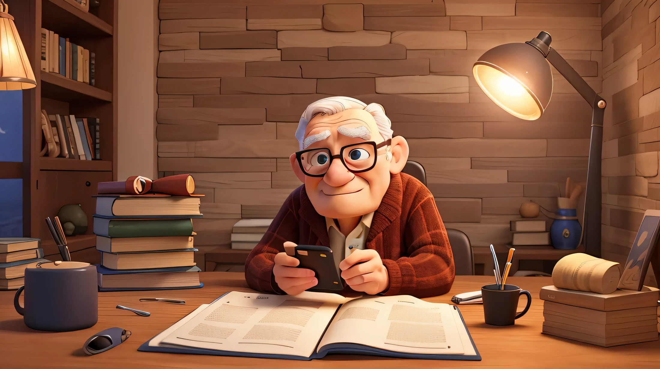 A wise old man sending a message on his cell phone, illuminated by the light of a lamp, tendo como pano de fundo uma biblioteca estilo disney pixar 3d